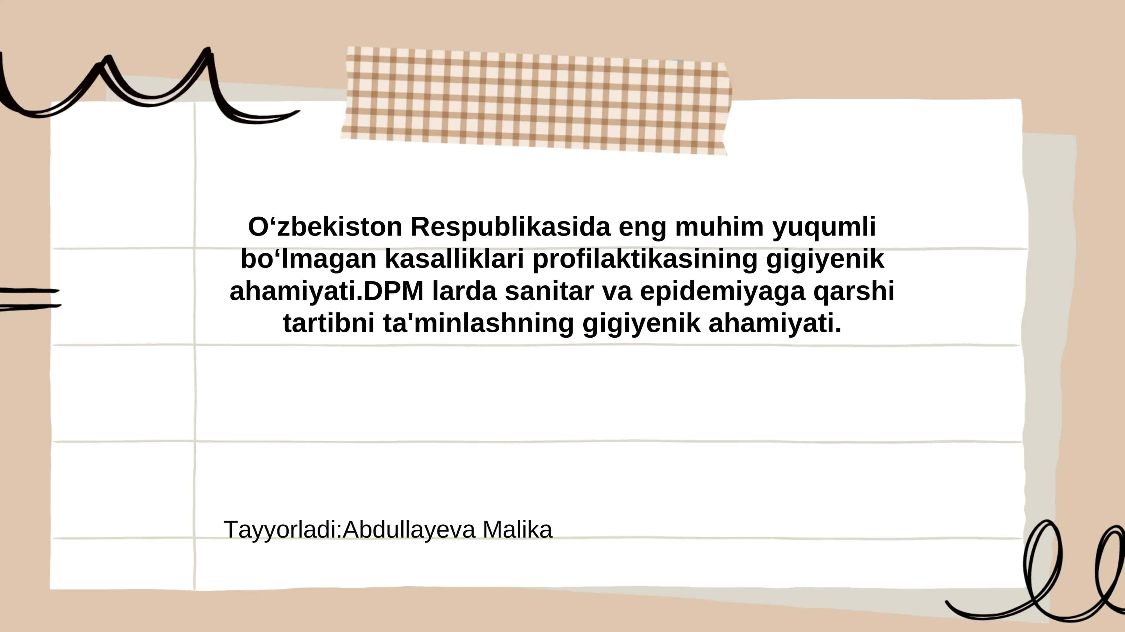 O‘zbekiston Respublikasida eng muhim yuqumli bo‘lmagan kasalliklari profilaktikasining gigiyenik aha