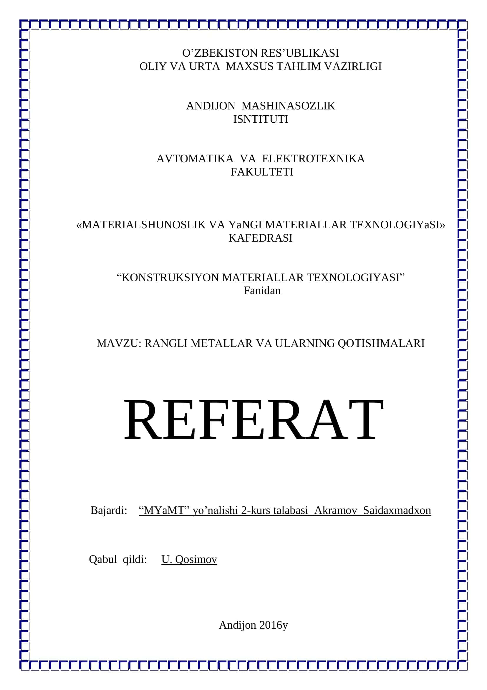 RANGLI METALLAR VA ULARNING QОTISHMALARI