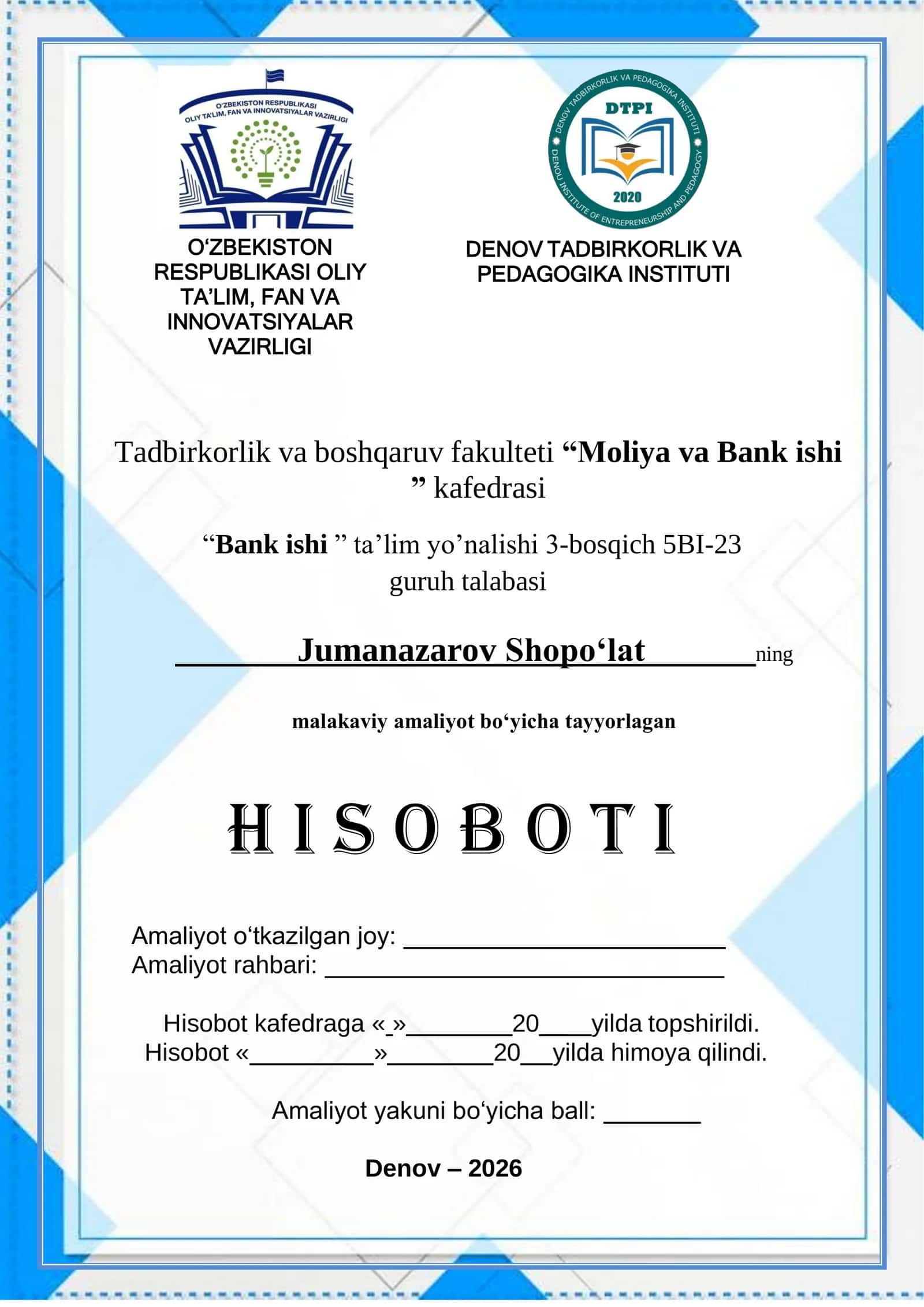 Abgrobok hamda ATB "Agrobank" DENOV FILIALI haqida AMALYOT HISOBOT
