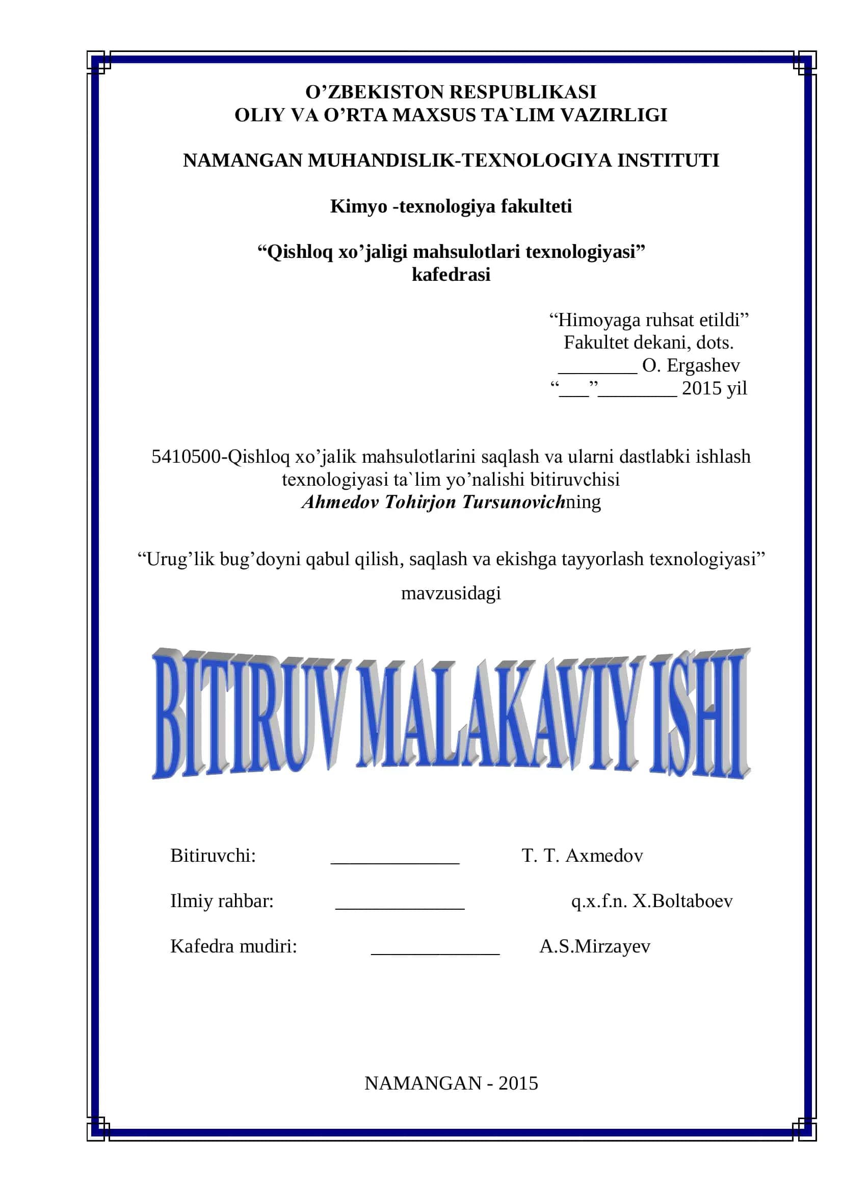 Qishloq xo’jaligi mahsulotlari texnologiyasi