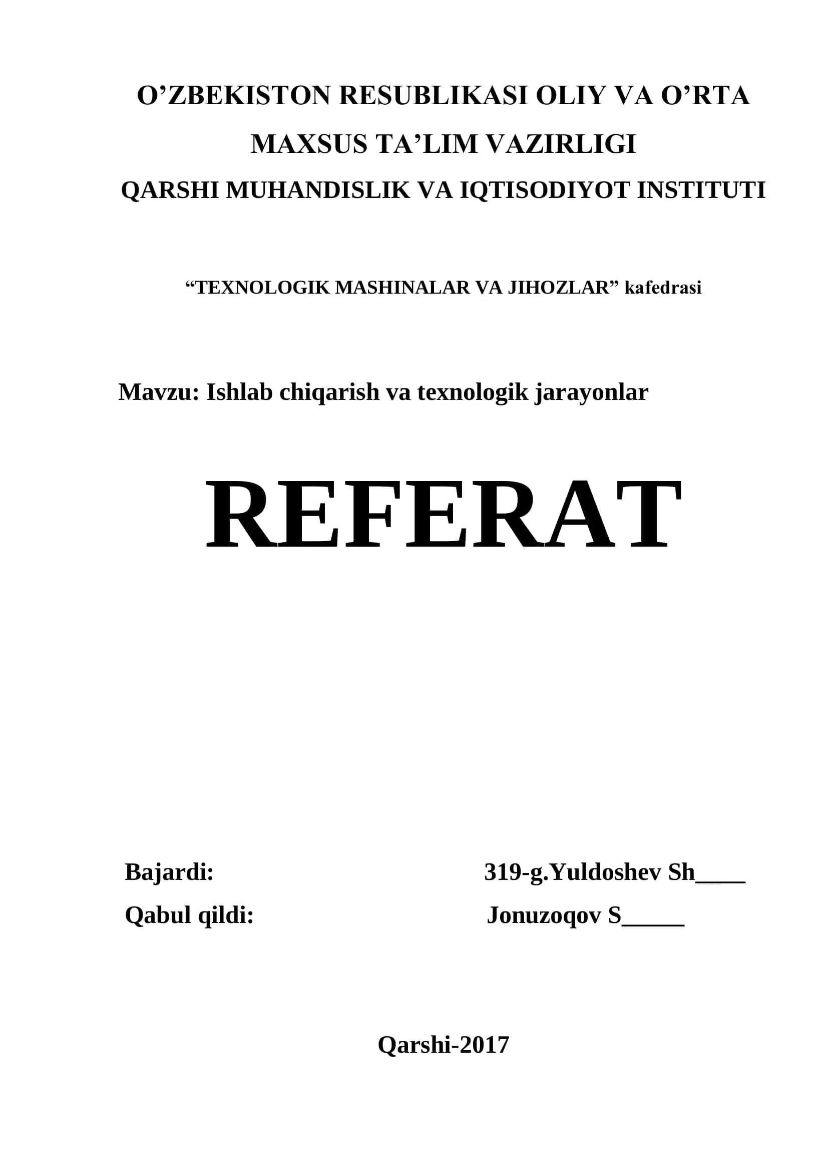 Ishlab chiqarish va texnologik jarayonlar