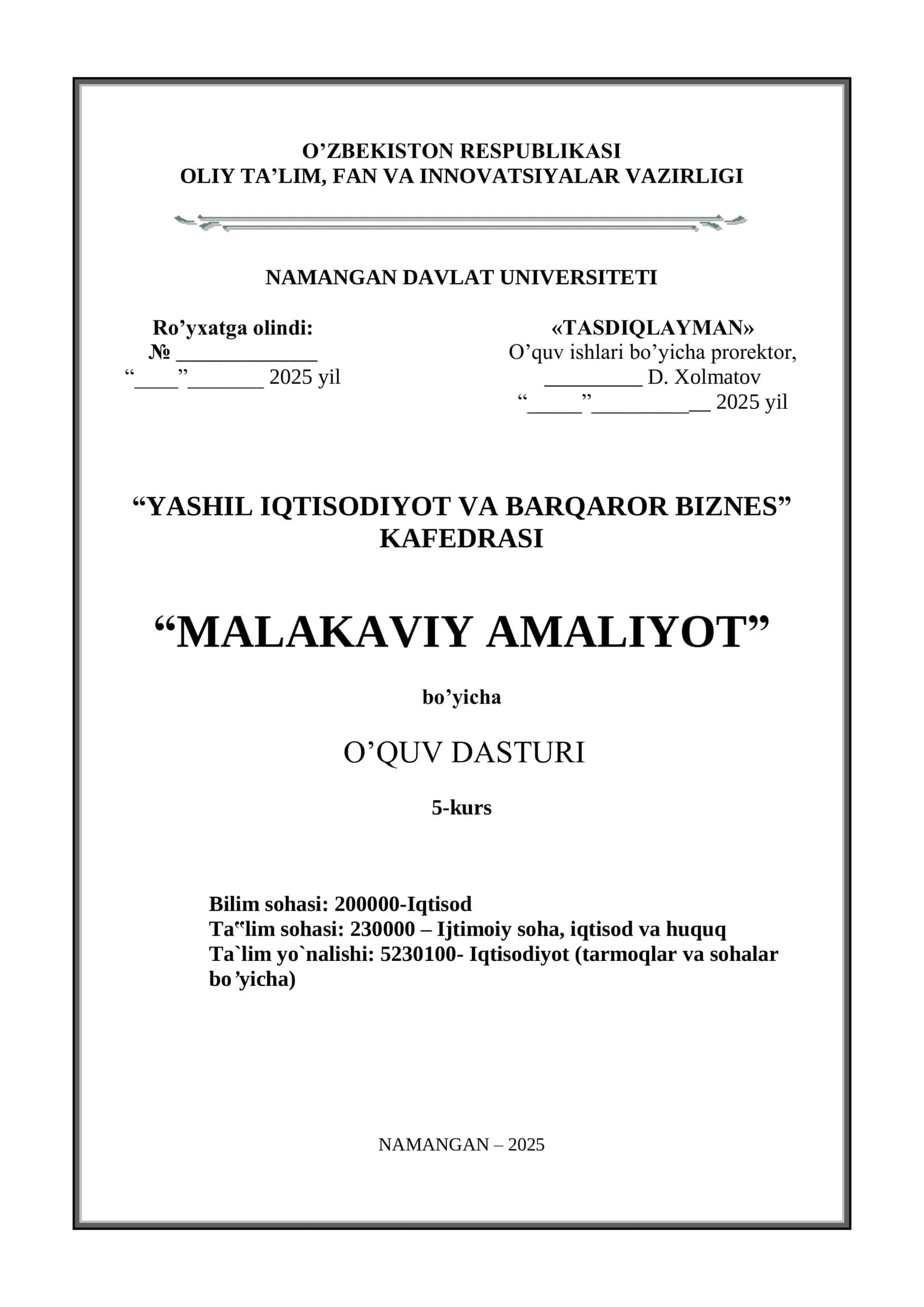 Iqtisodiyot Malakaviy amaliyot o'quv dasturi