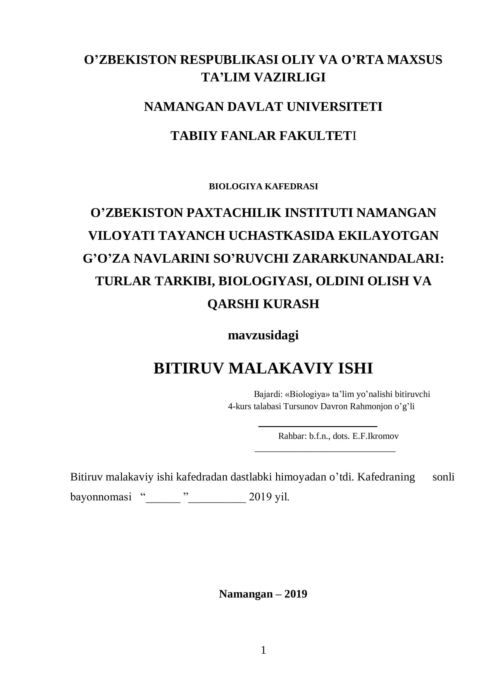 SO’RUVCHI ZARARKUNANDALARI: TURLAR TARKIBI, BIOLOGIYASI, OLDINI OLISH VA QARSHI KURASH