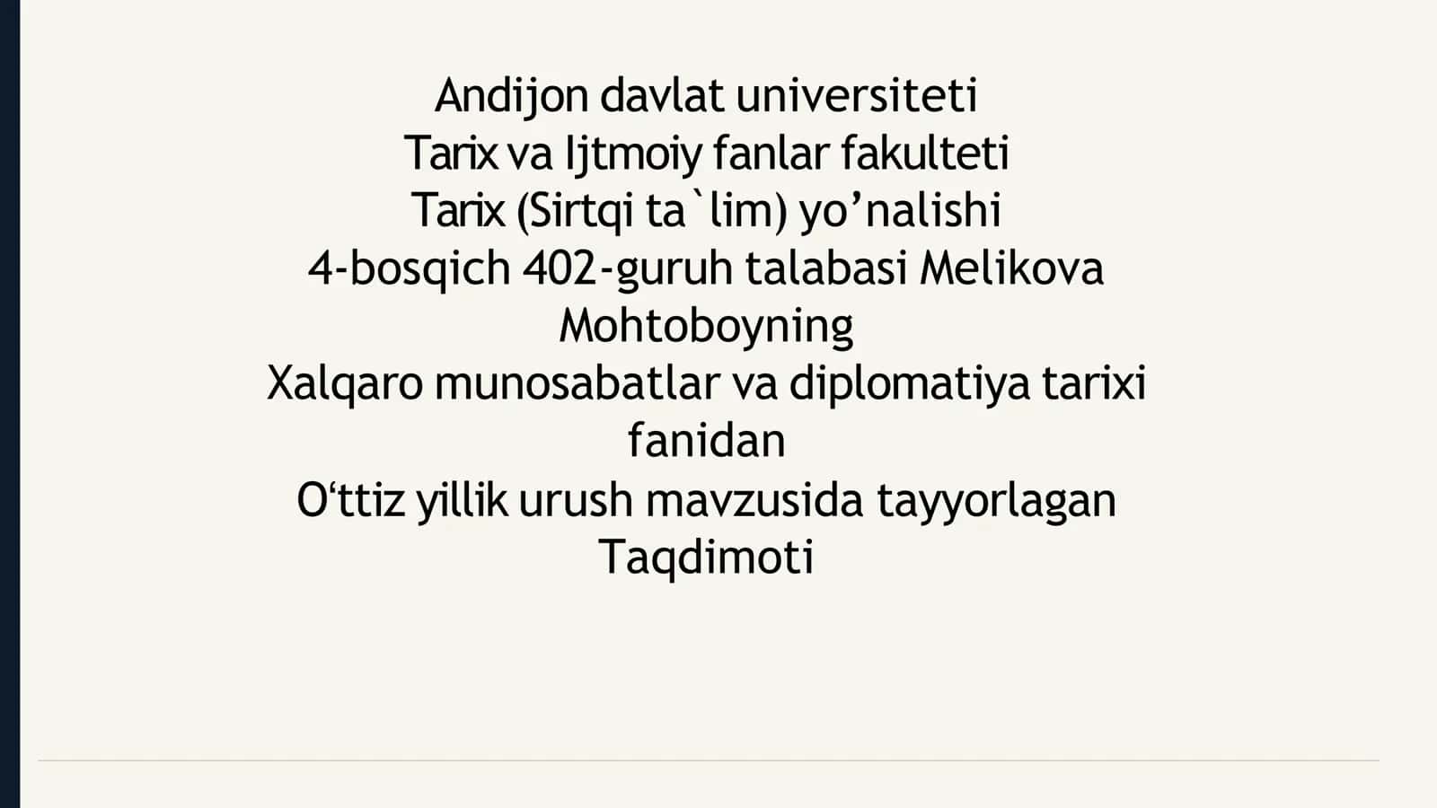 Oʻttiz yillik urush mavzusida tayyorlagan Taqdimoti