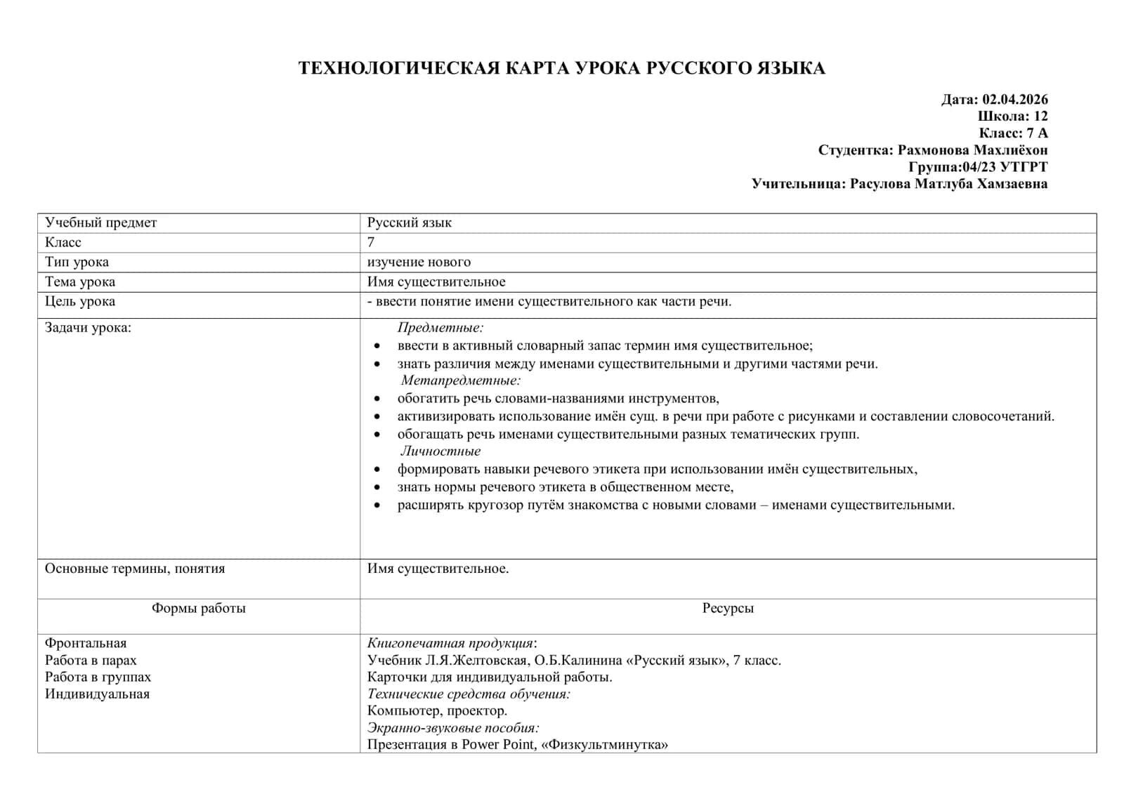 Имя существительное ТЕХНОЛОГИЧЕСКАЯ КАРТА УРОКА РУССКОГО ЯЗЫКА