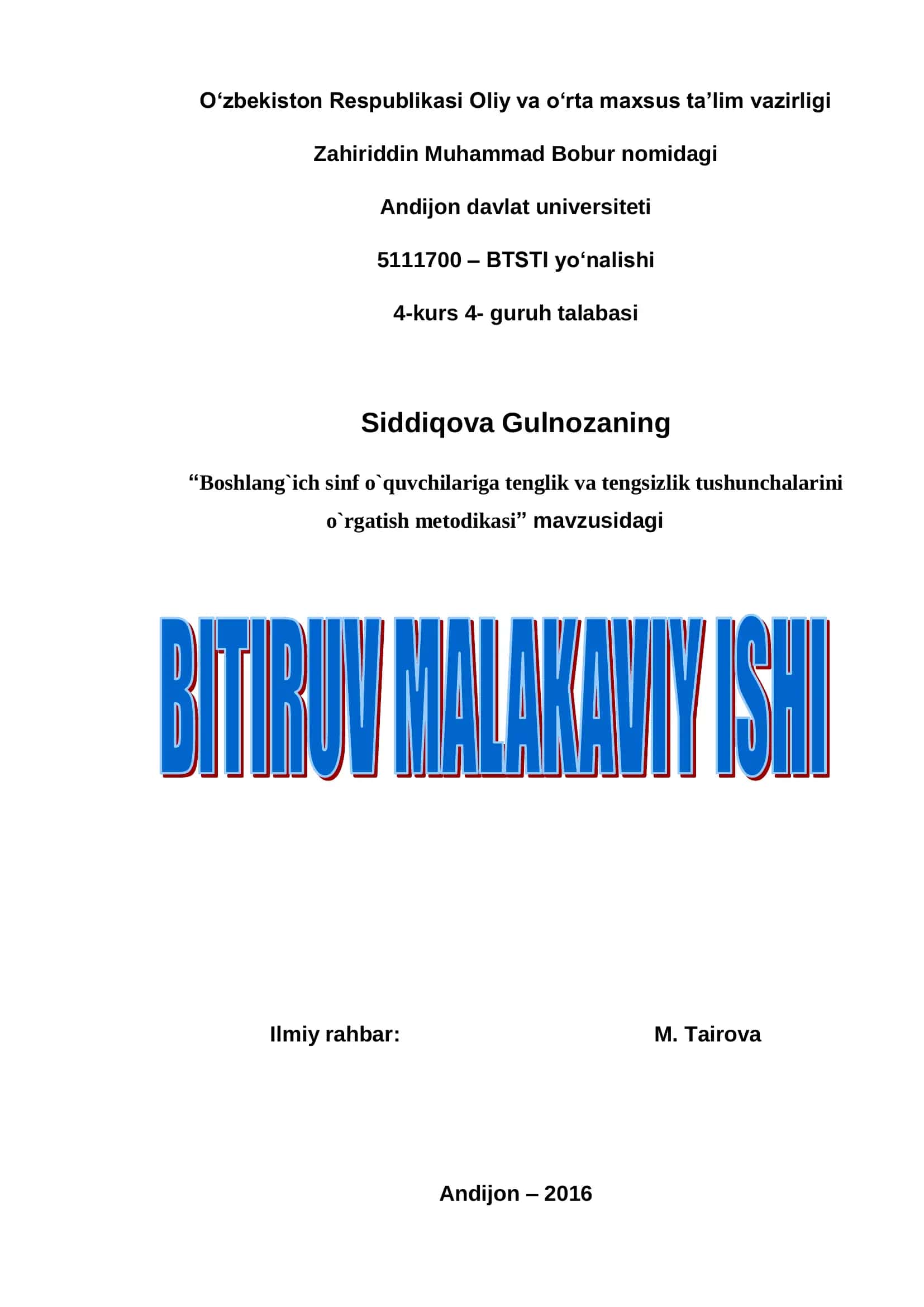 Boshlang`ich sinf o`quvchilariga tenglik va tengsizlik tushunchalarini o`rgatish metodikasi