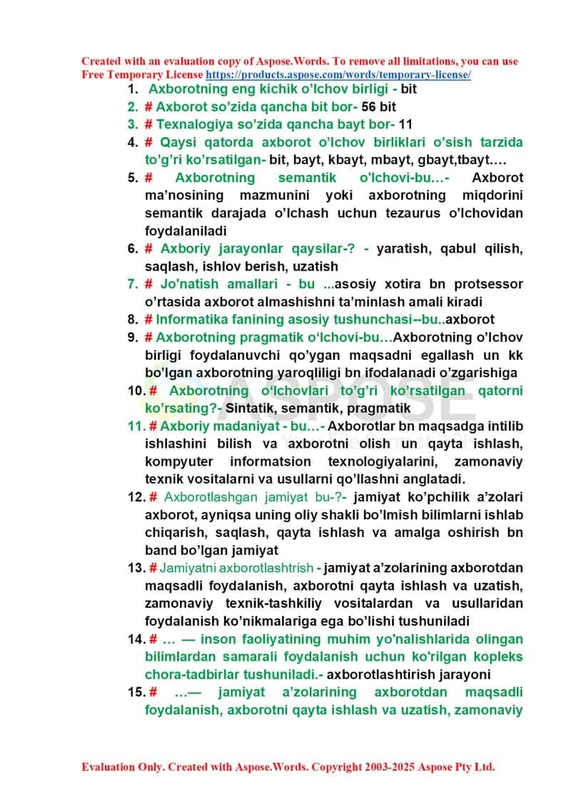 Informatika faniga oid savol-javoblar to‘plami