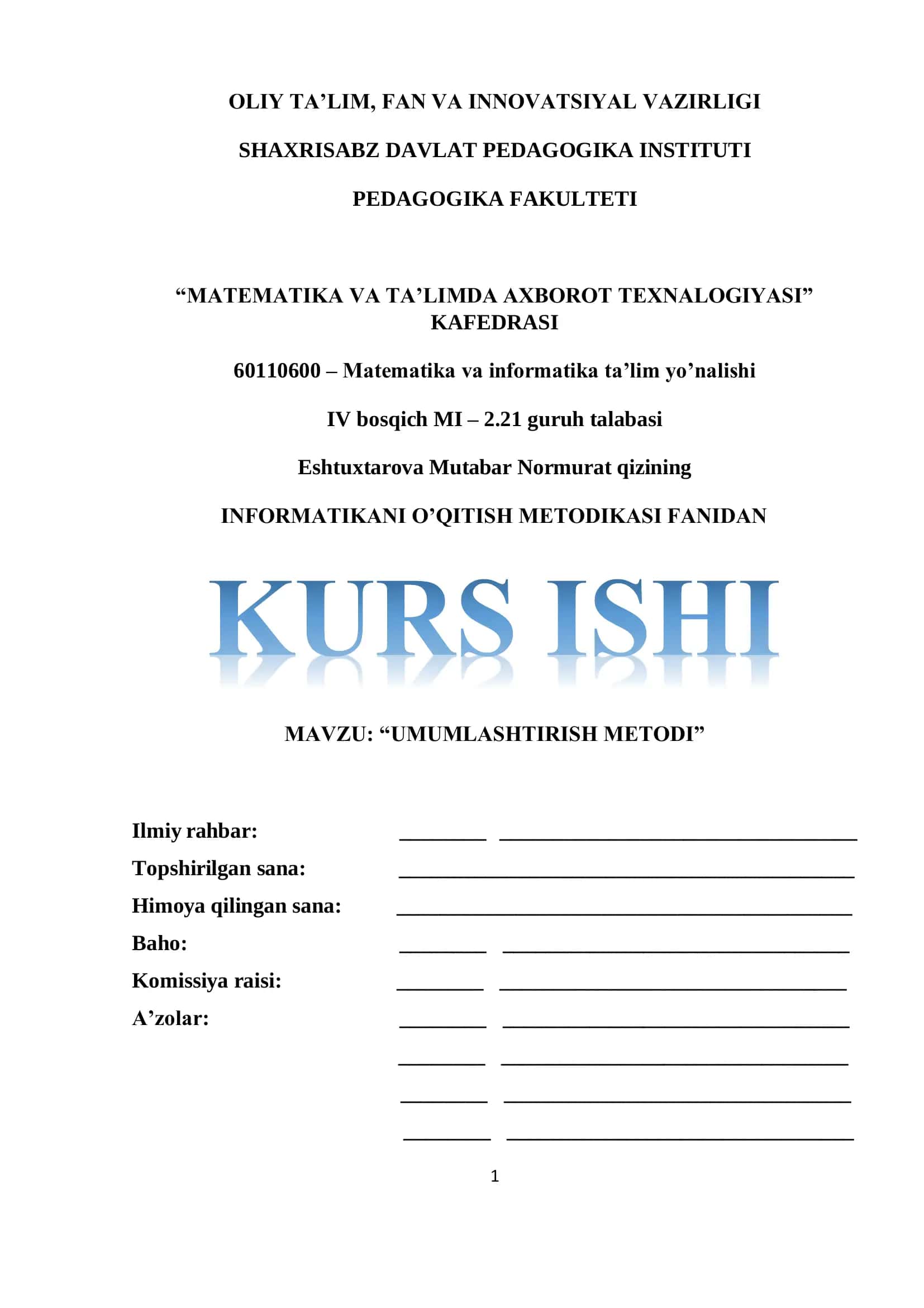 “UMUMLASHTIRISH METODI”