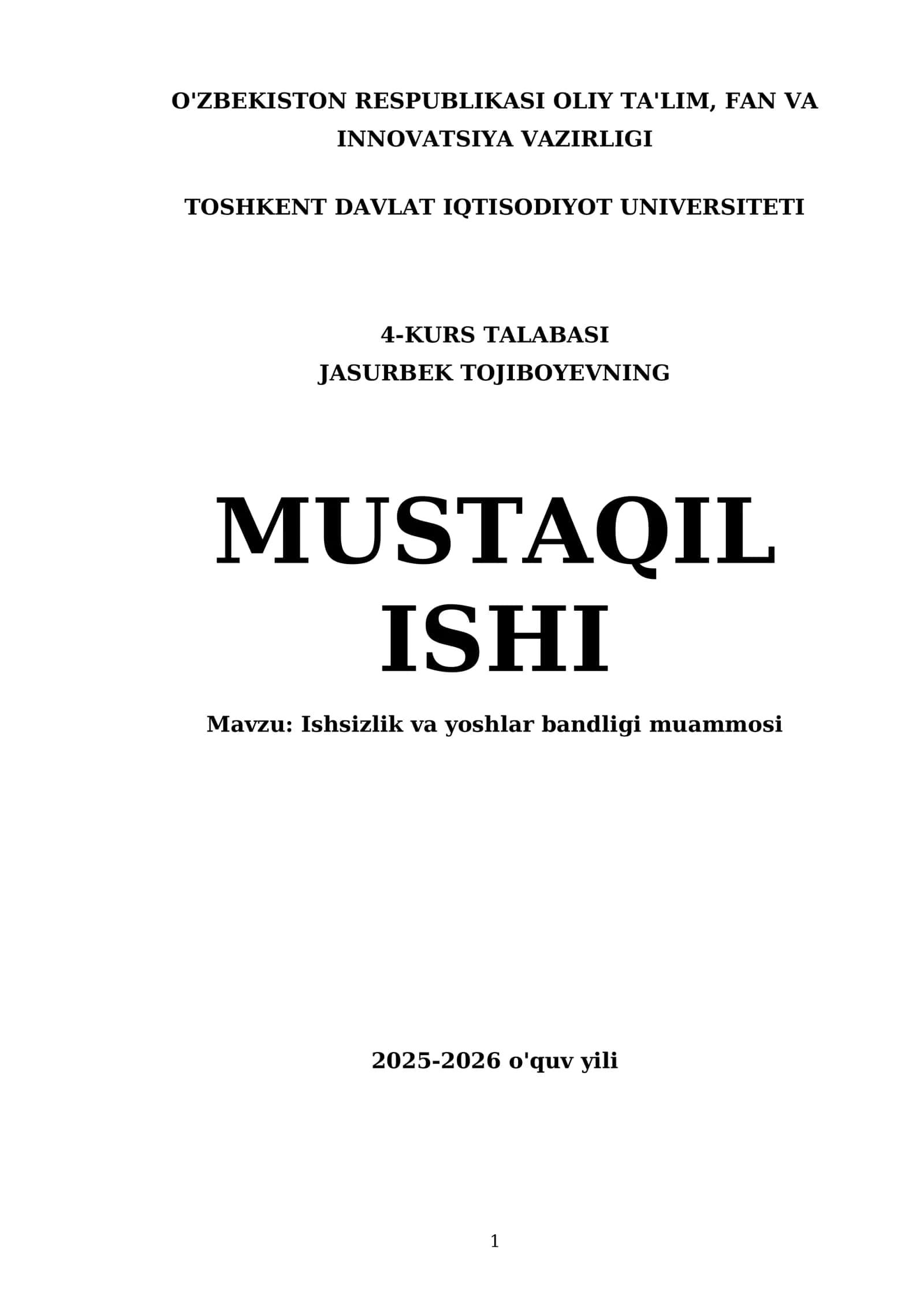 Ishsizlik va yoshlar bandligi muammosi
