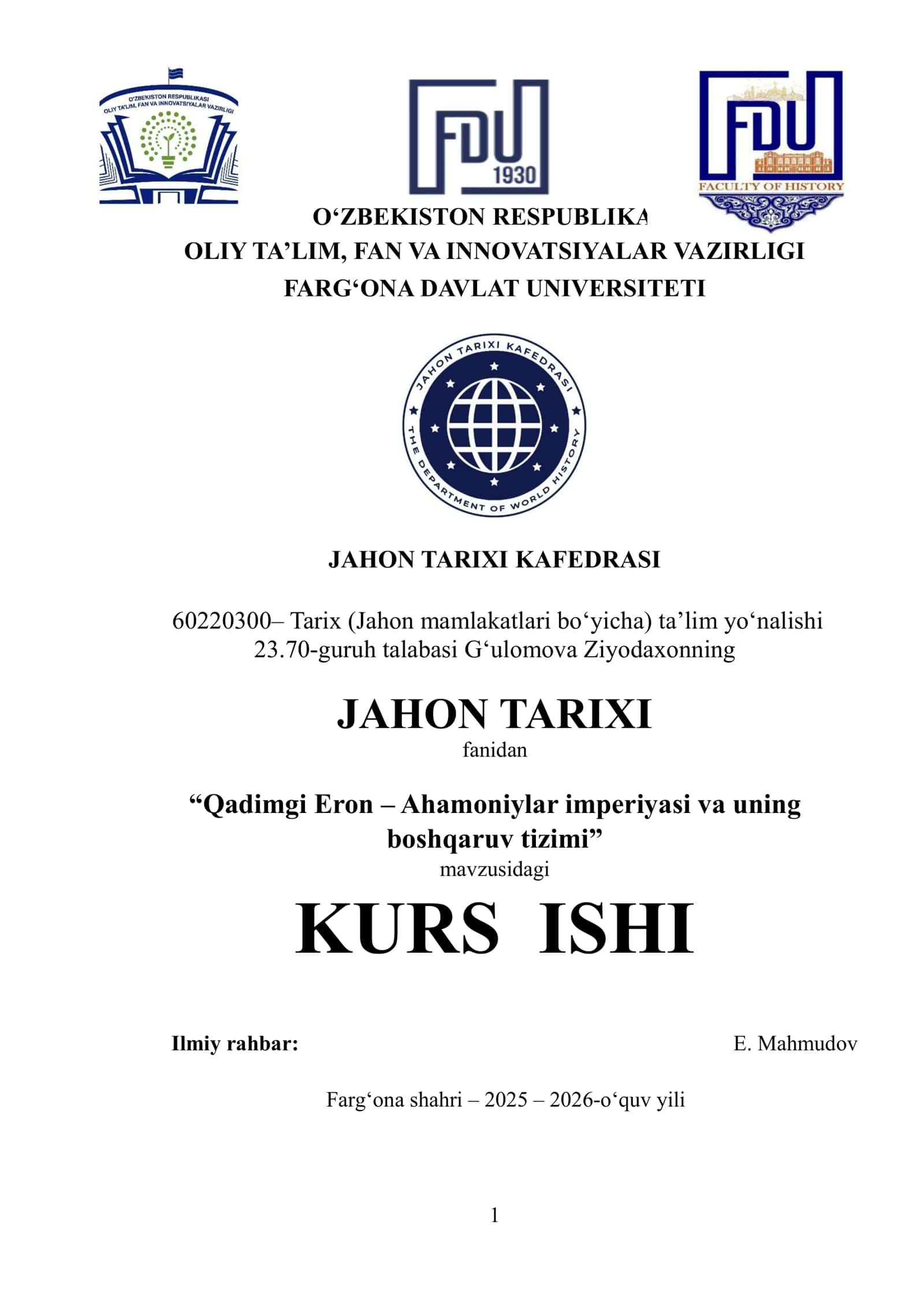 "Qadimgi Eron – Ahamoniylar imperiyasi va uning boshqaruv tizimi" kurs ishi