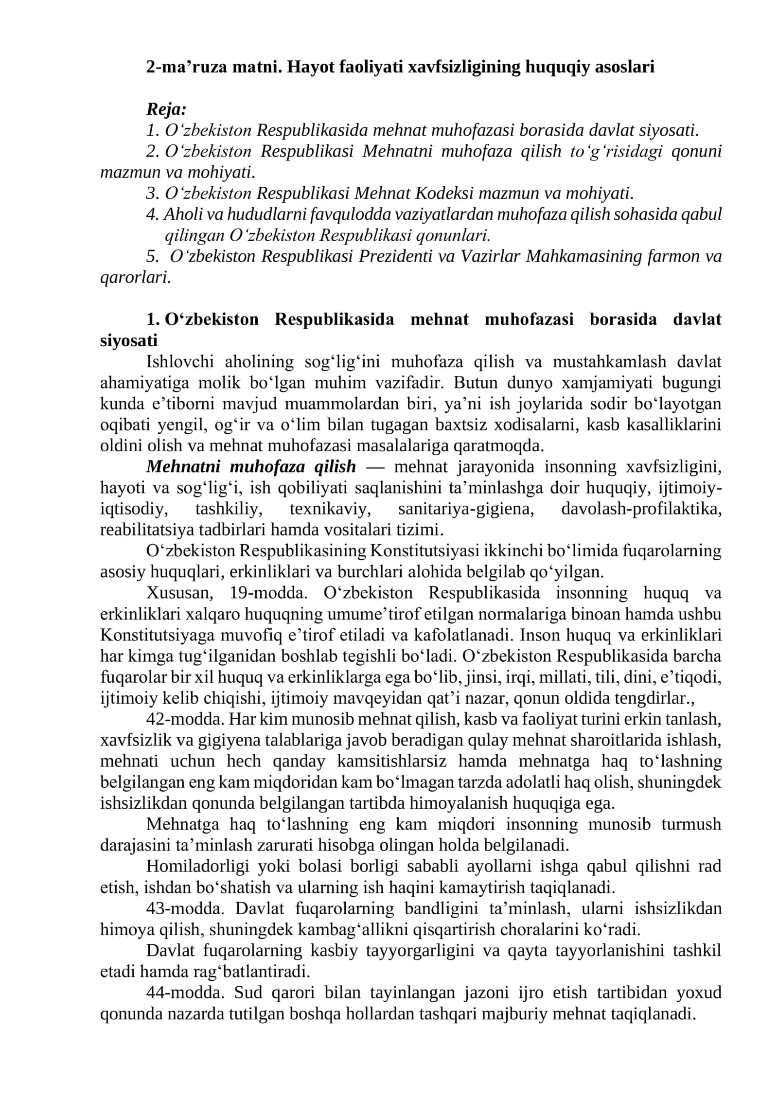 Hayot faoliyati xavfsizligining huquqiy asoslari