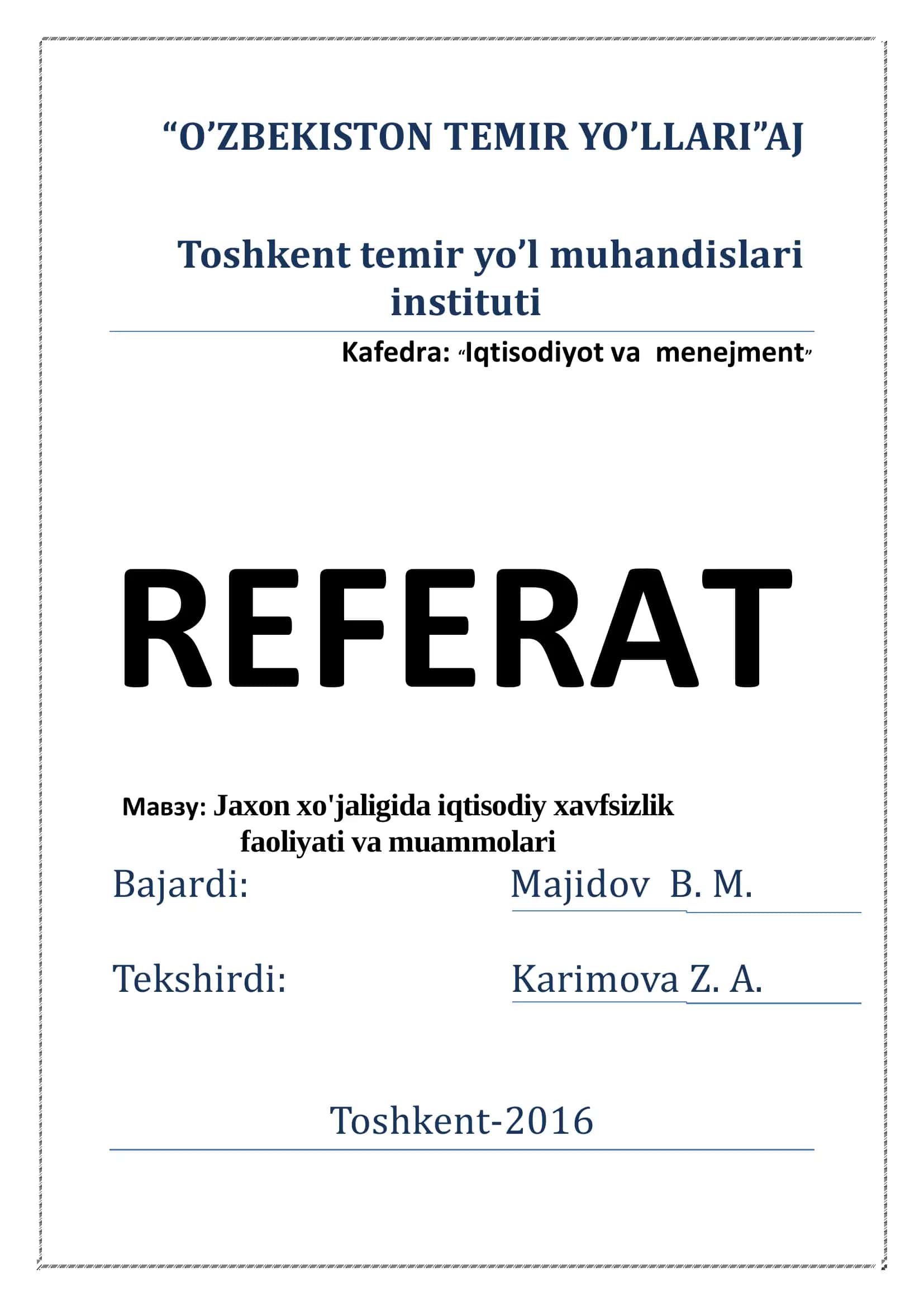 Jaxon xo'jaligida iqtisodiy xavfsizlik faoliyati va muammolari