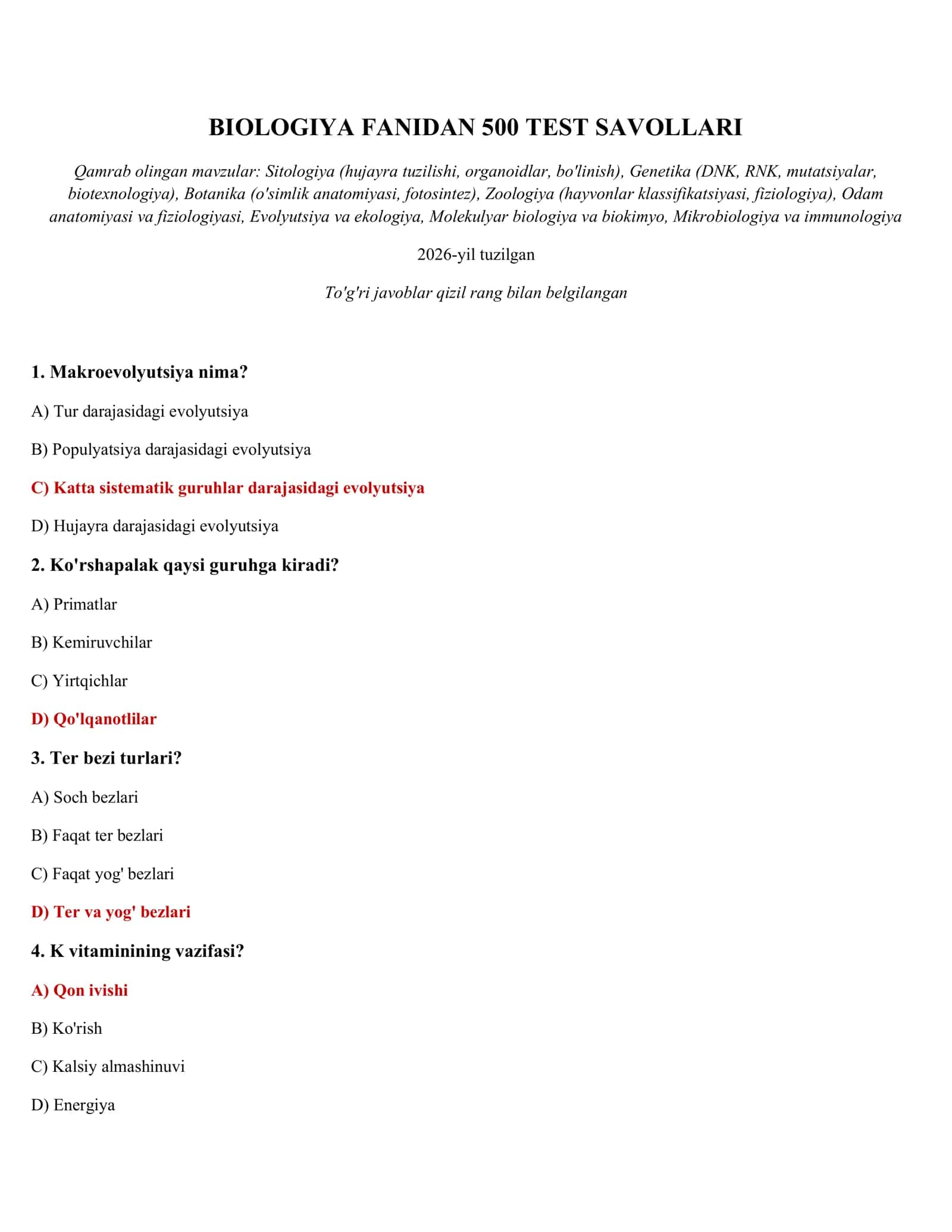 BIOLOGIYA FANIDAN 500 TEST SAVOLLARI