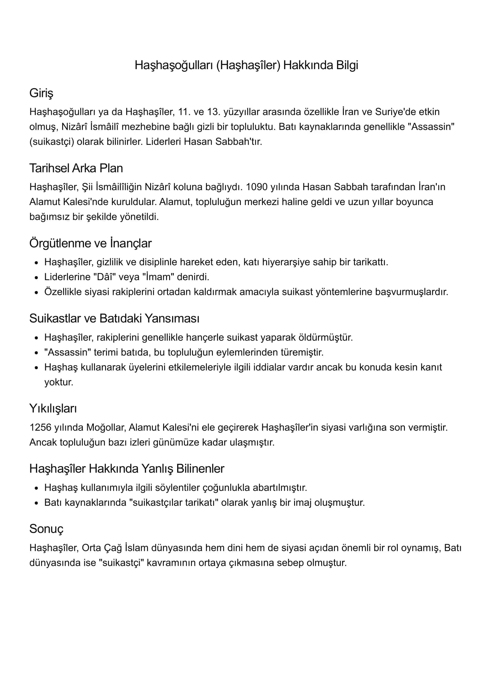 Haşhaşoğulları (Haşhaşîler) Hakkında Bilgi
