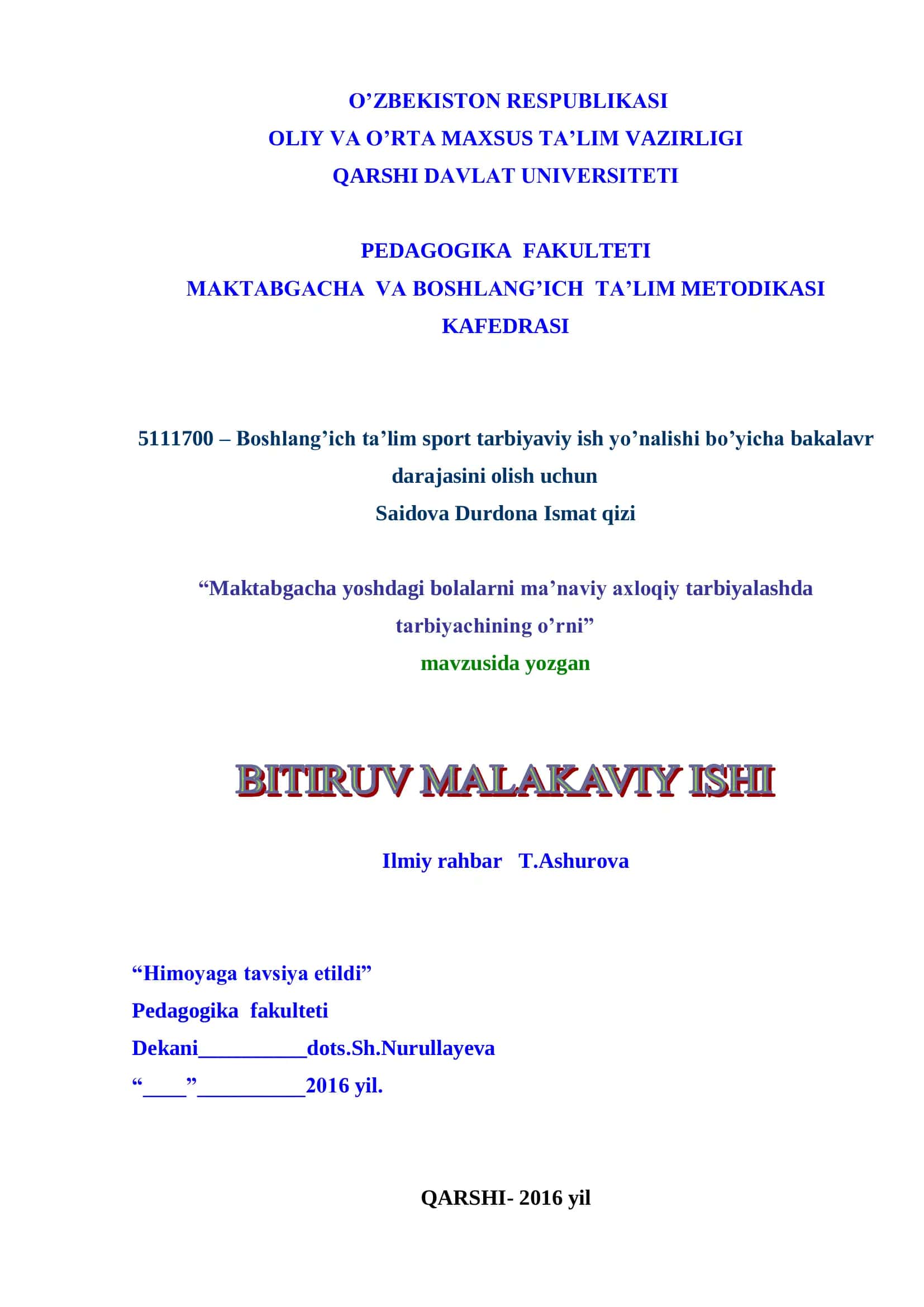 Boshlang‟ich ta‟lim sport tarbiyaviy ish yo‟nalishi bo‟yicha bakalavr darajasini olish