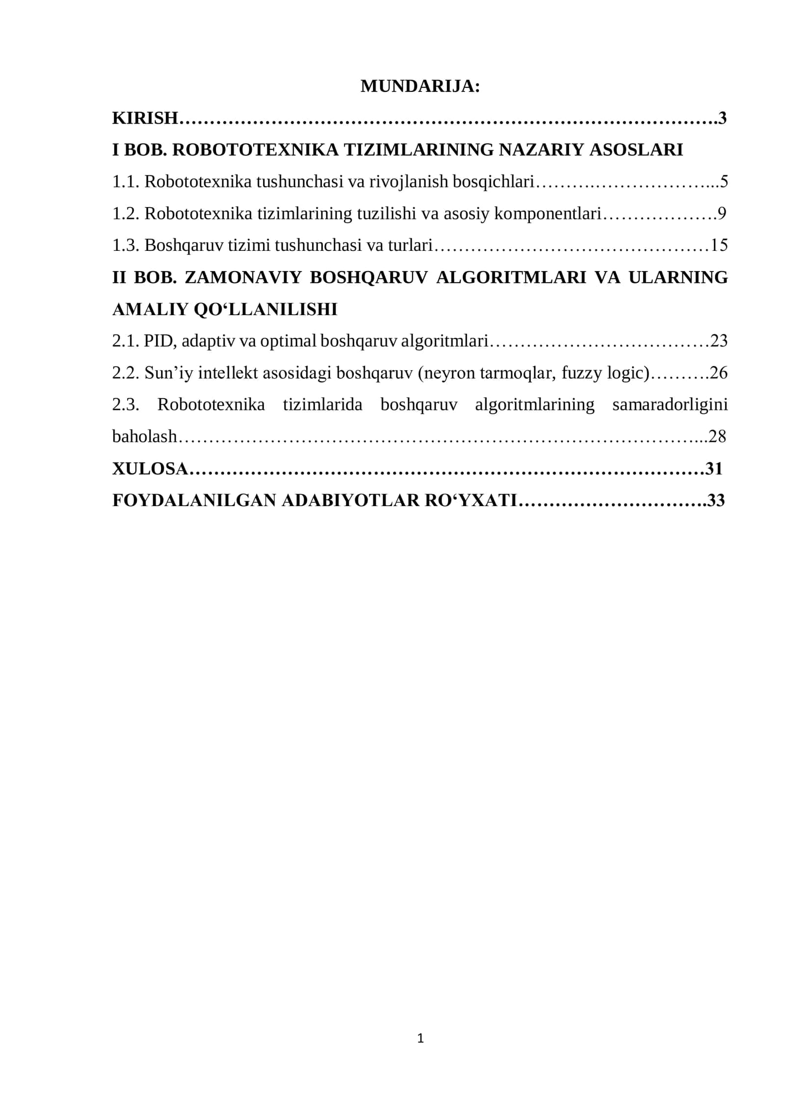 ROBOTOTEXNIKA TIZIMLARIDA BOSHQARUV ALGORITMLARI