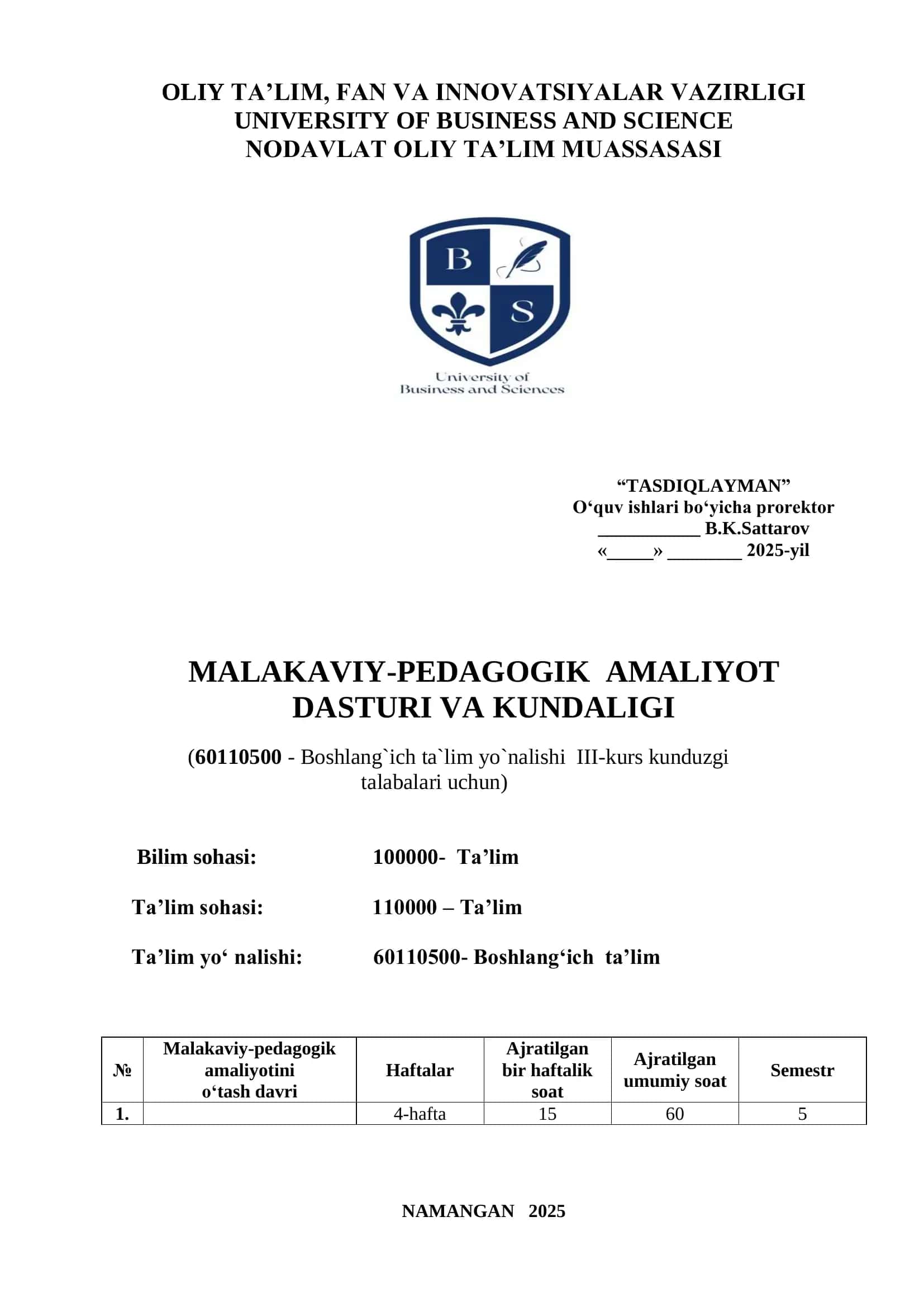 MALAKAVIY-PEDAGOGIK AMALIYOT DASTURI VA KUNDALIGI