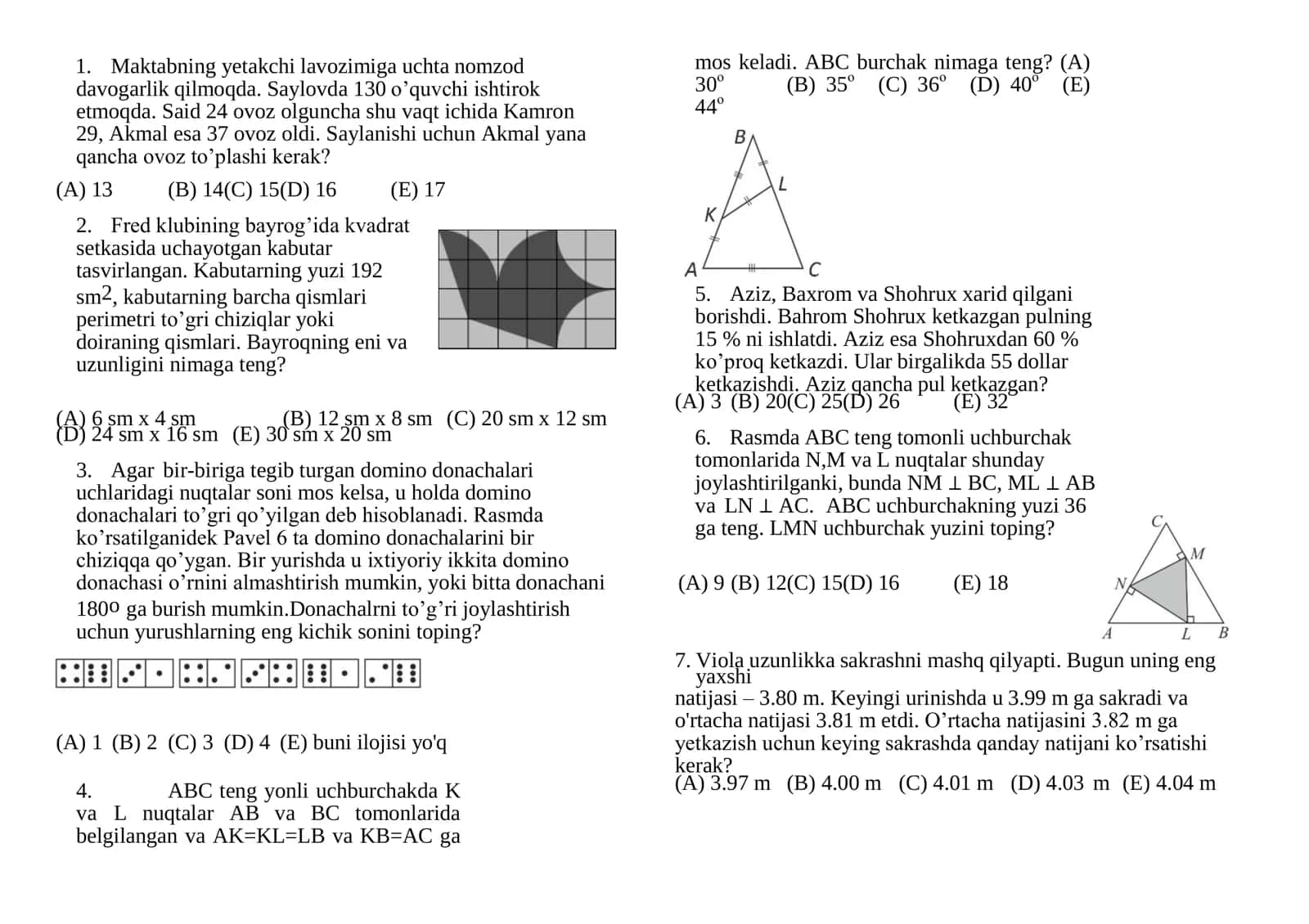 Kangaroo halqaro olimpiadasi uchun tayyorgarlik testlari 7-8 sinflar uchun (Matematika)