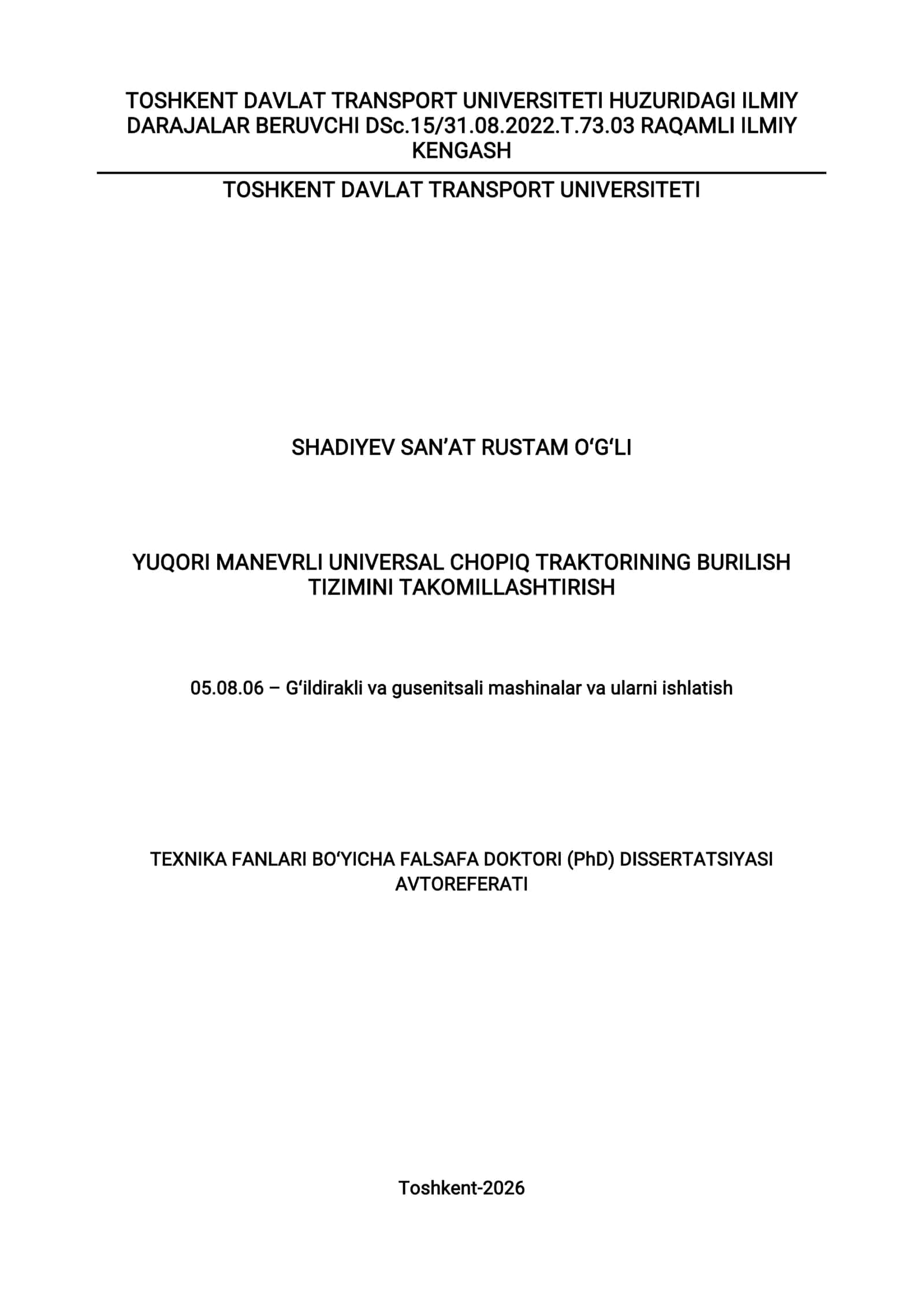 Yuqori manevrli universal chopiq traktorining burilish tizimini takomillashtirish