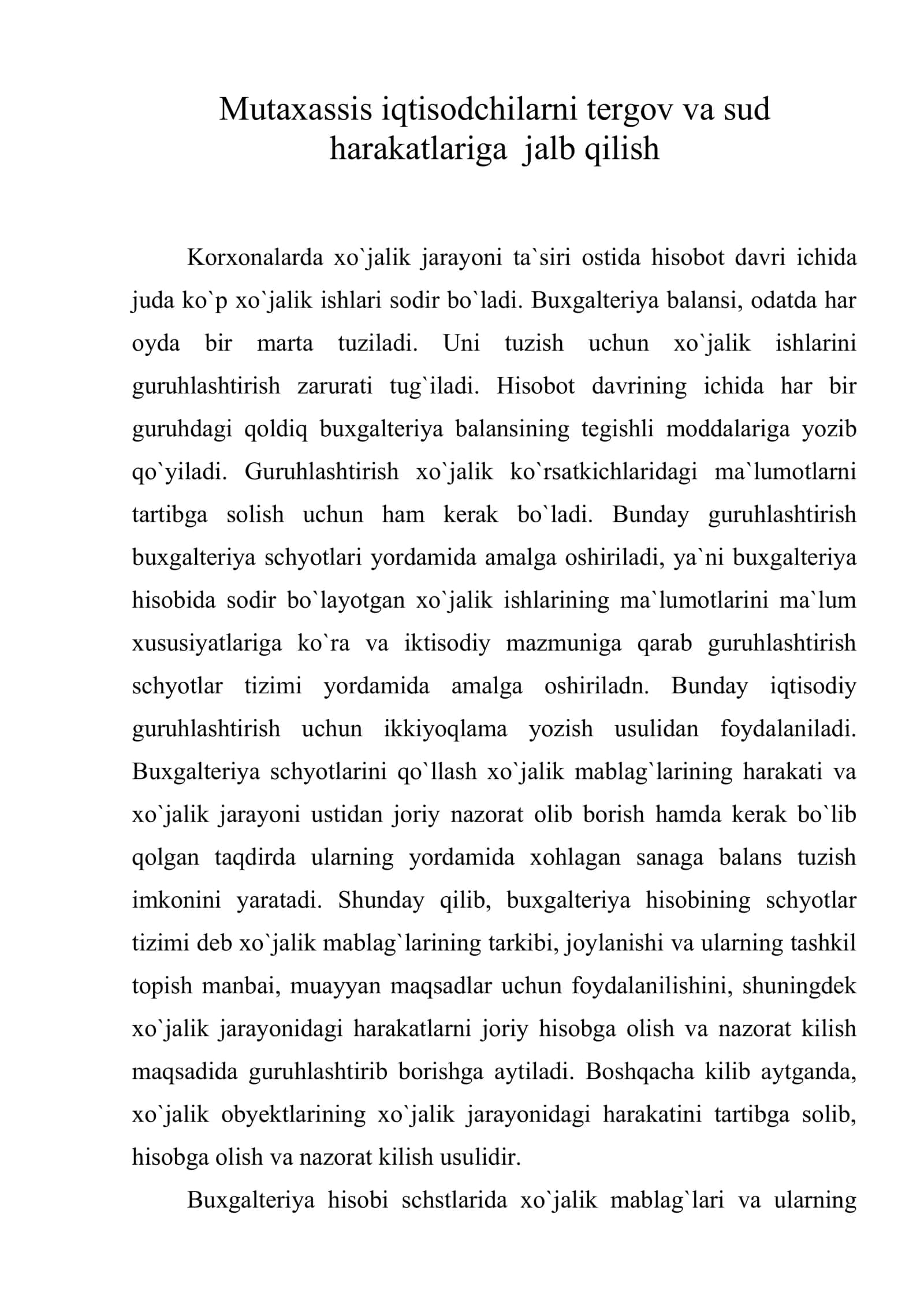Mutaxassis iqtisodchilarni tergov va sud harakatlariga jalb qilish