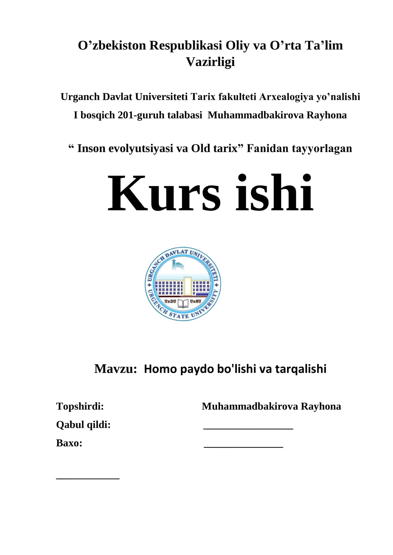 Inson evolyutsiyasi va Old tarix Fanidan tayyorlagan Kurs ishi