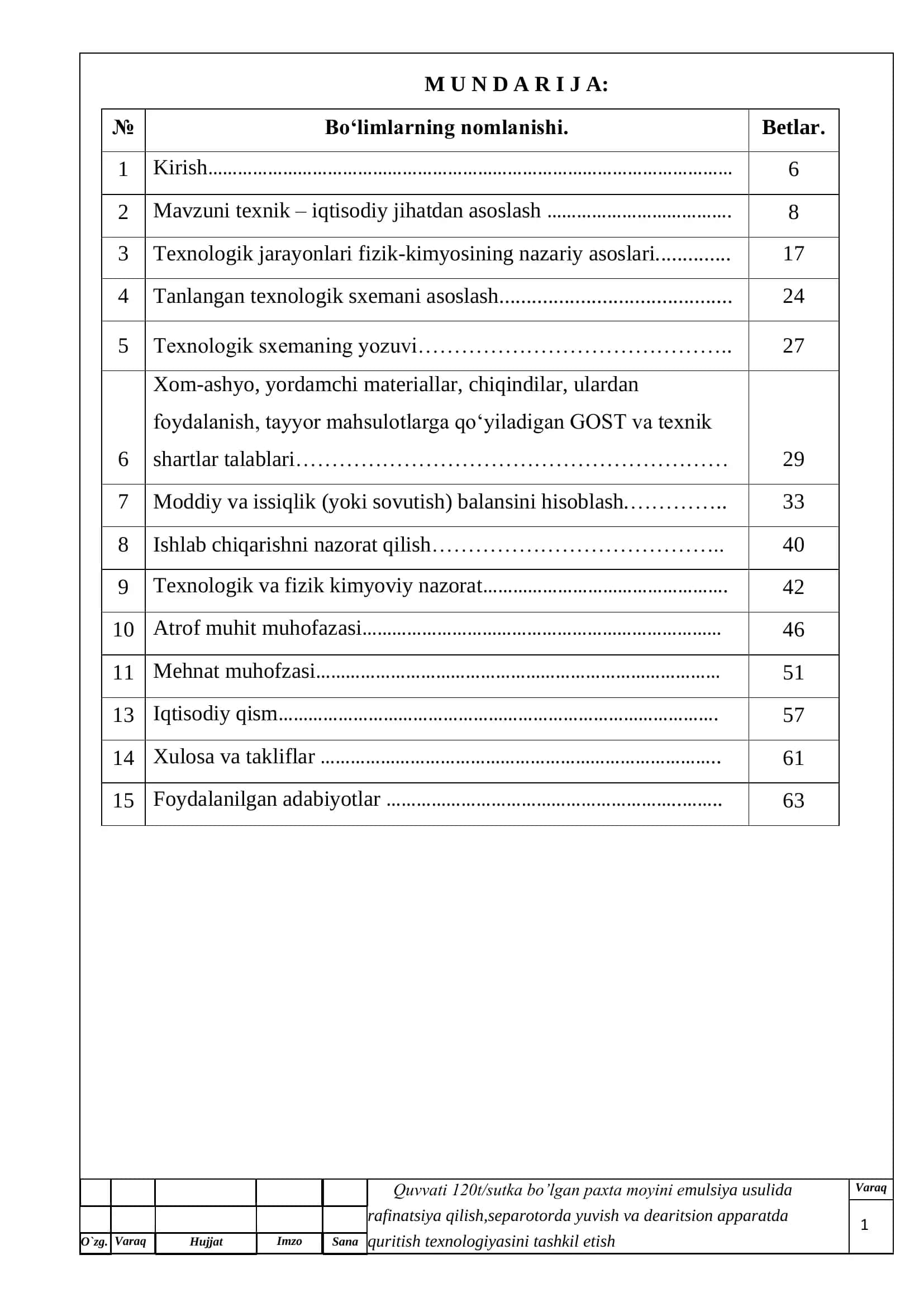 Quvvati 120t/sutka bo’lgan paxta moyini emulsiya usulida rafinatsiya qilish,separotorda yuvish va dearitsion apparatda quritish texnologiyasini tashkil etish
