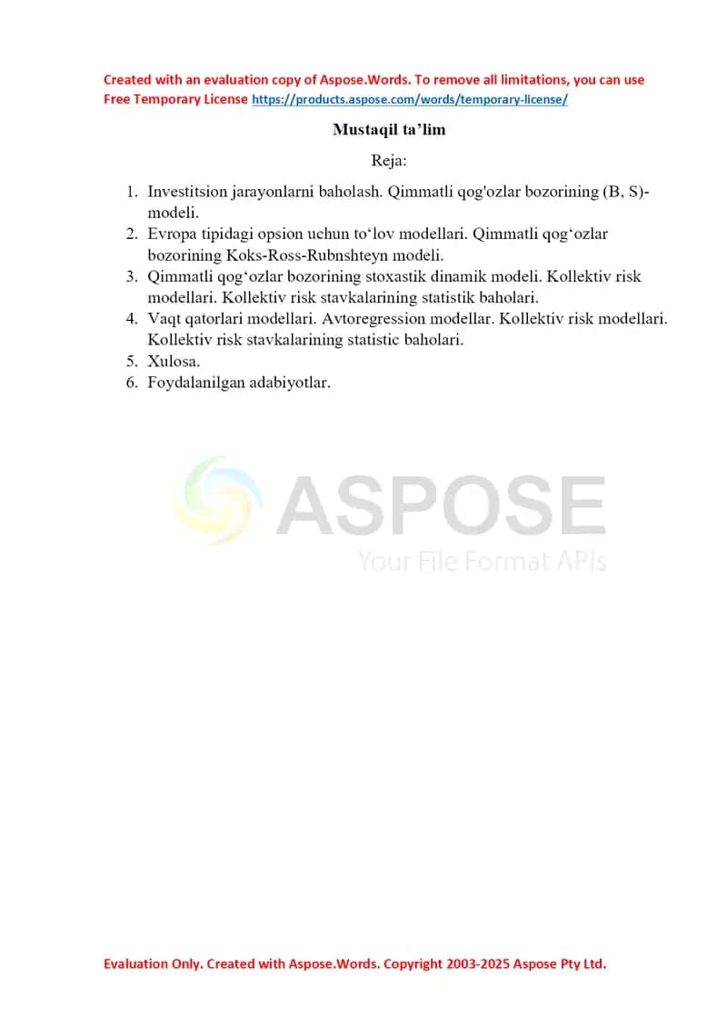 Investitsion jarayonlarni baholash. Qimmatli qog'ozlar bozori
