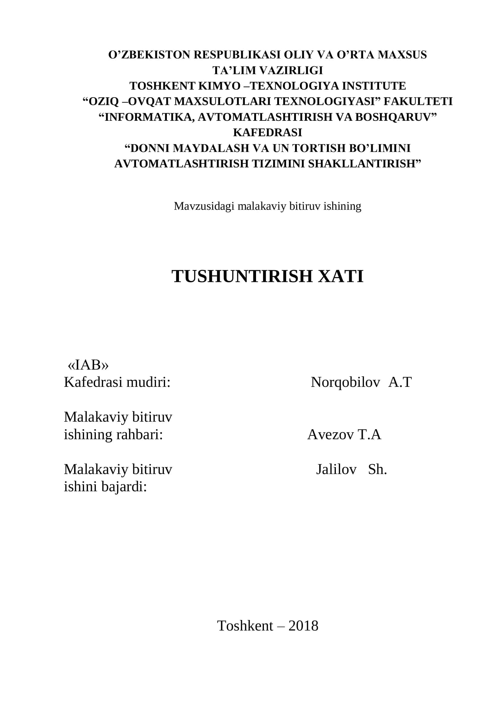 Donni maydalash va un tortish bo'limini avtomatlashtirish tizimini shakllantirish