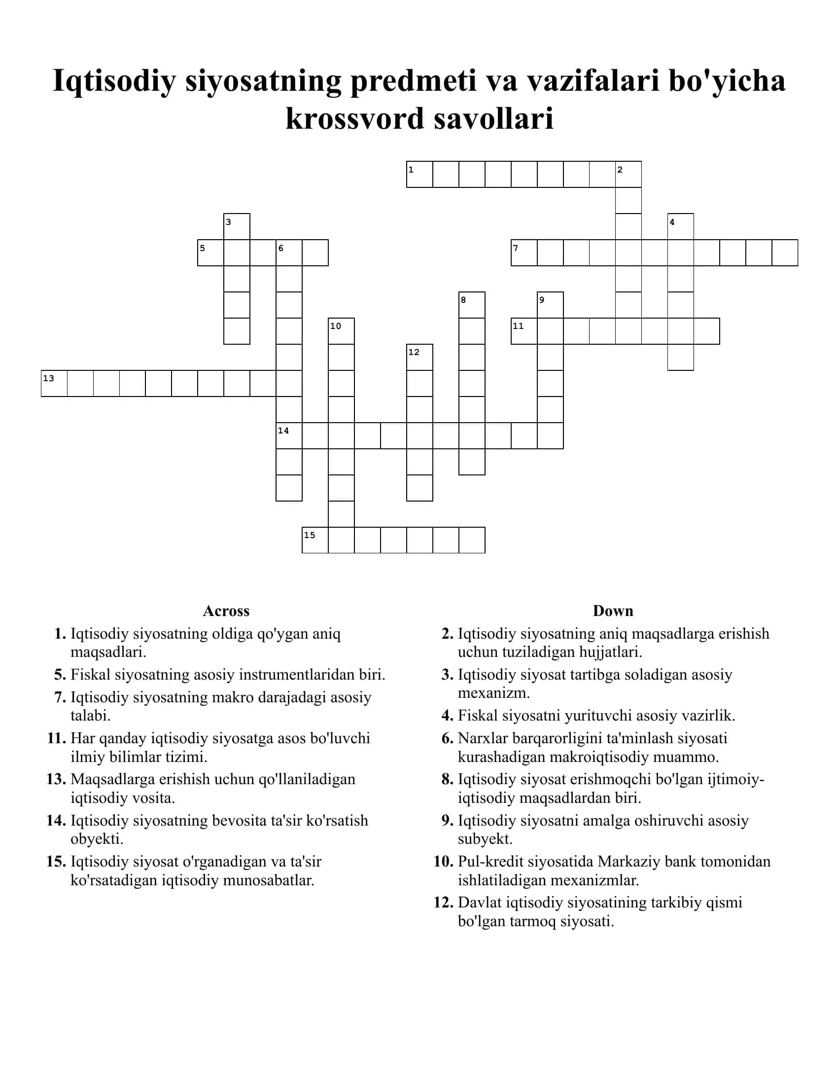 Iqtisodiy siyosatning predmeti va vazifalari bo'yicha krossvord