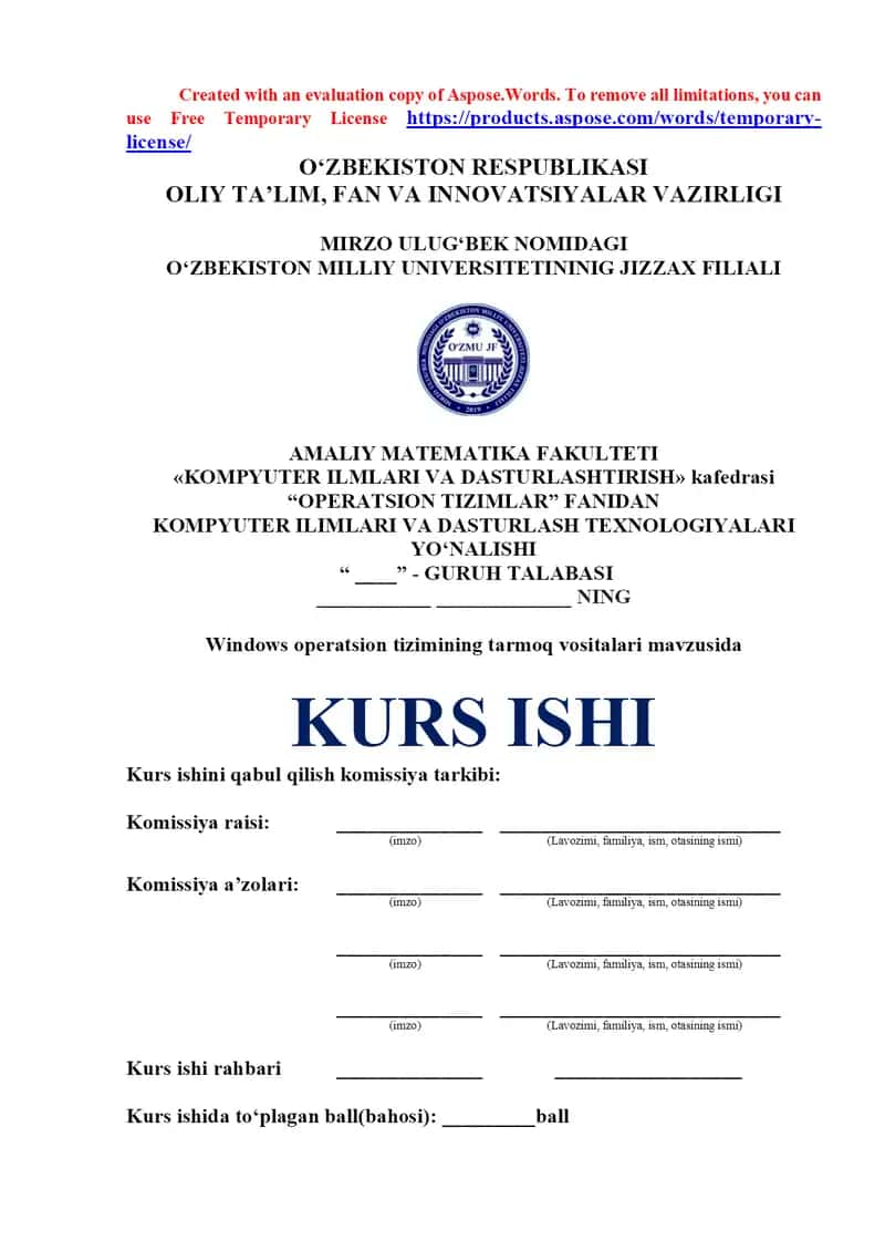 Windows operatsion tizimining tarmoq vositalari mavzusida KURS ISHI