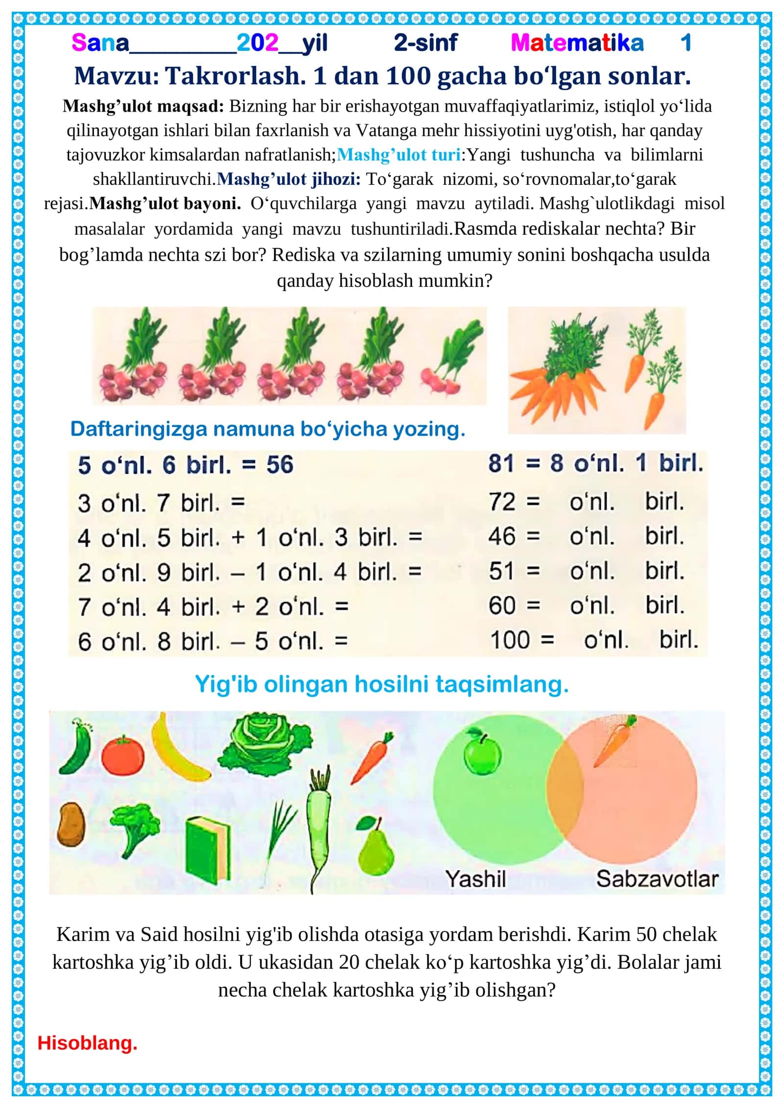 2-sinf Matematika To'garak Dars konspekti 34 Soatlik to'liq