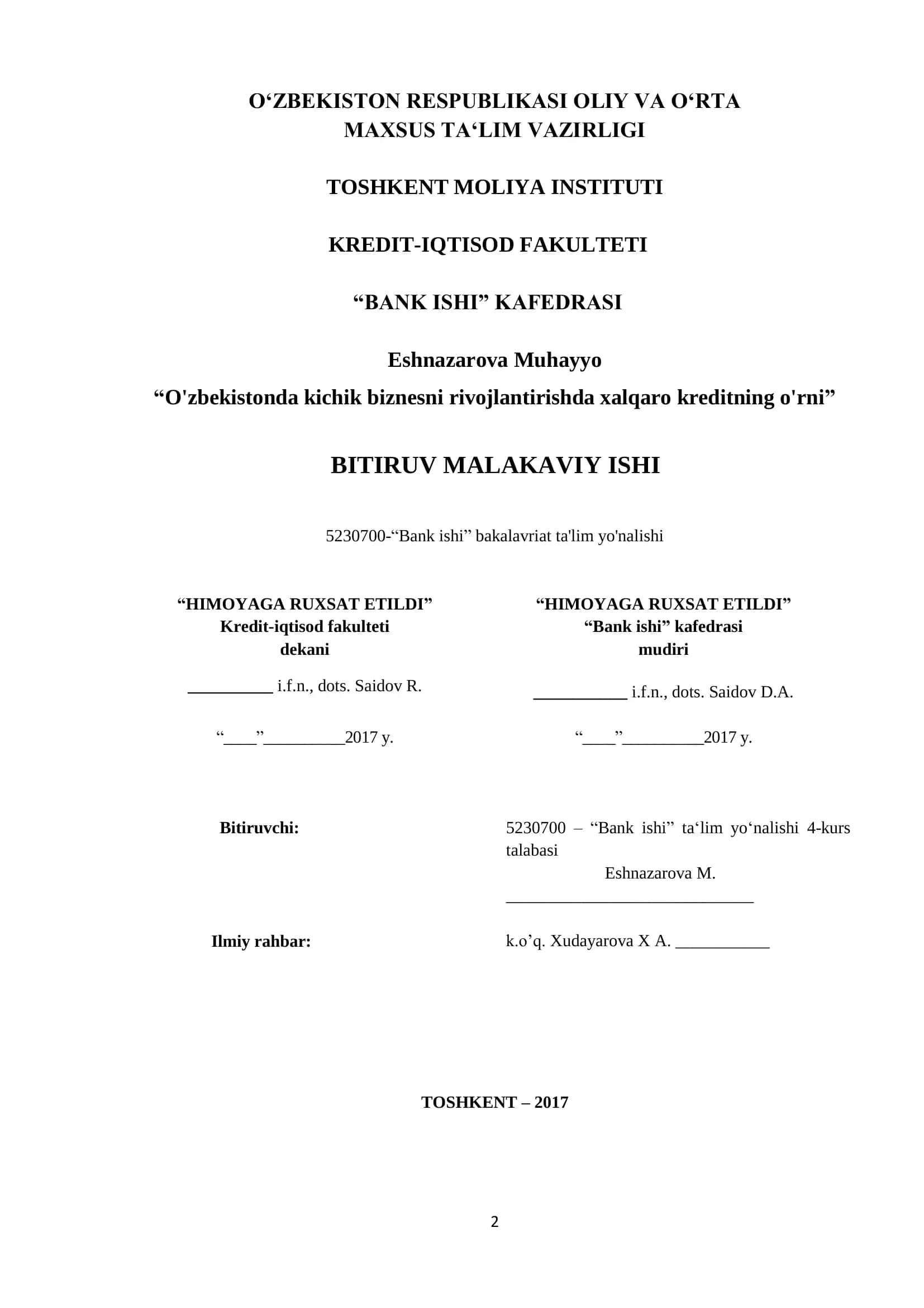 Kichik biznesning iqtisodiyotda tutgan o'rni va kreditlashning huquqiy asoslari