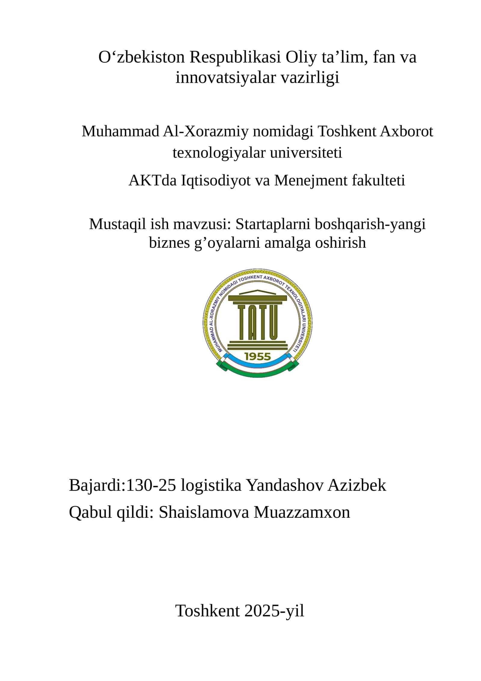 Startaplarni boshqarish-yangi biznes g’oyalarni amalga oshirish