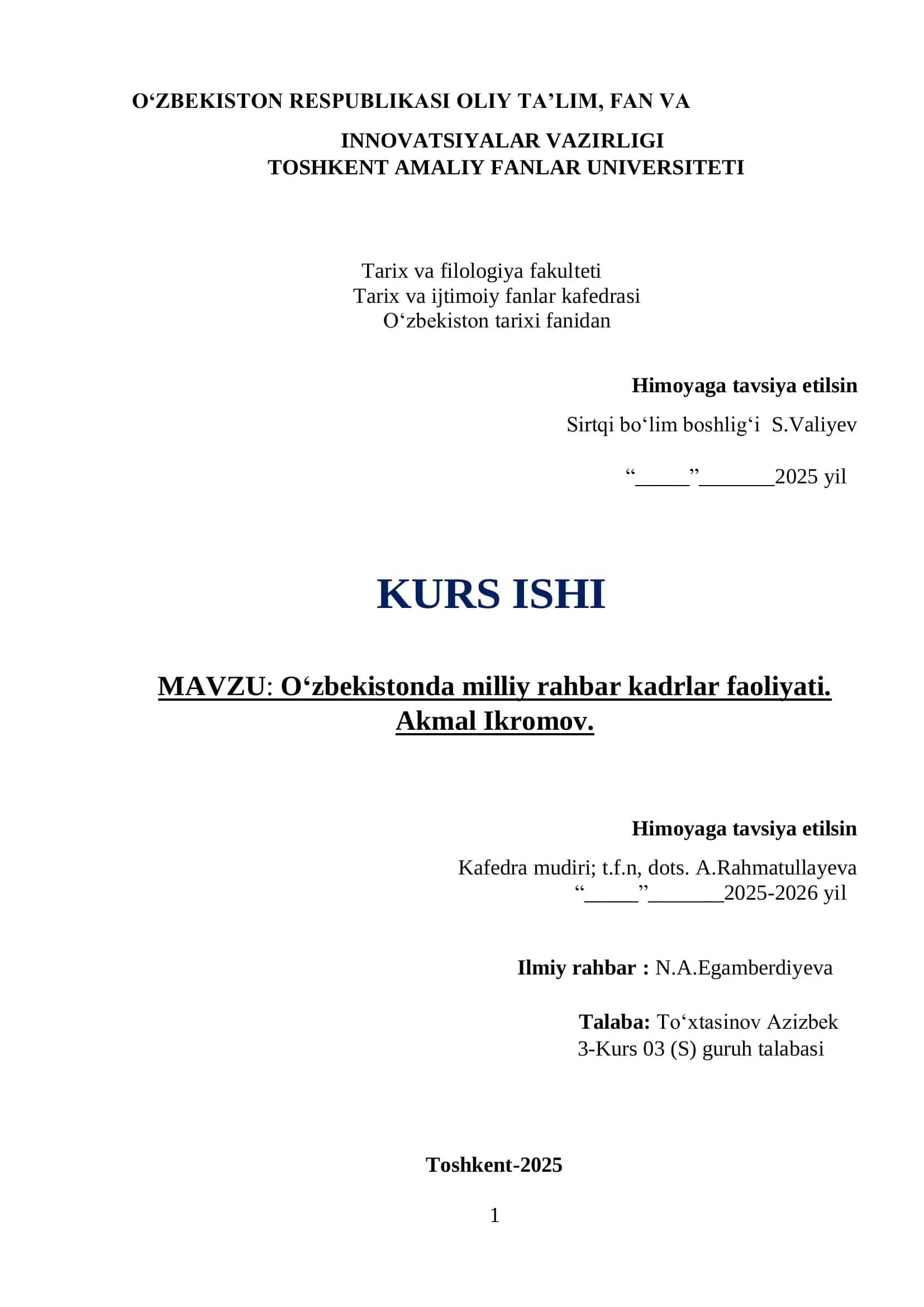O‘zbekistonda milliy rahbar kadrlar faoliyati