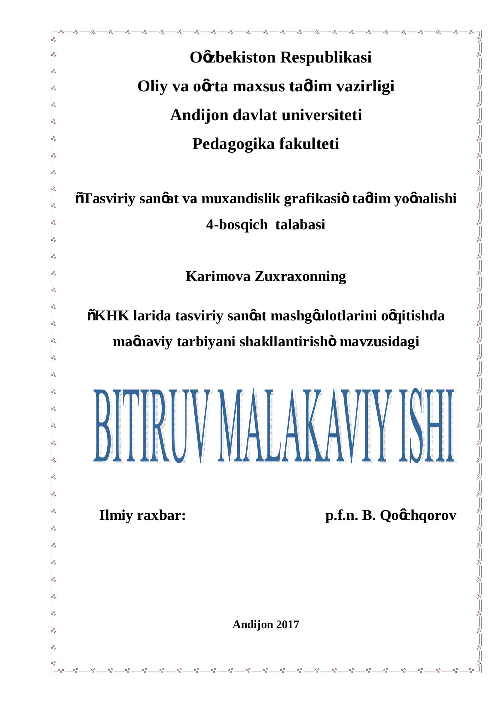 KHK larida tasviriy san'at mashg'ulotlarini o'qitishda ma'naviy tarbiyani shakllantirish