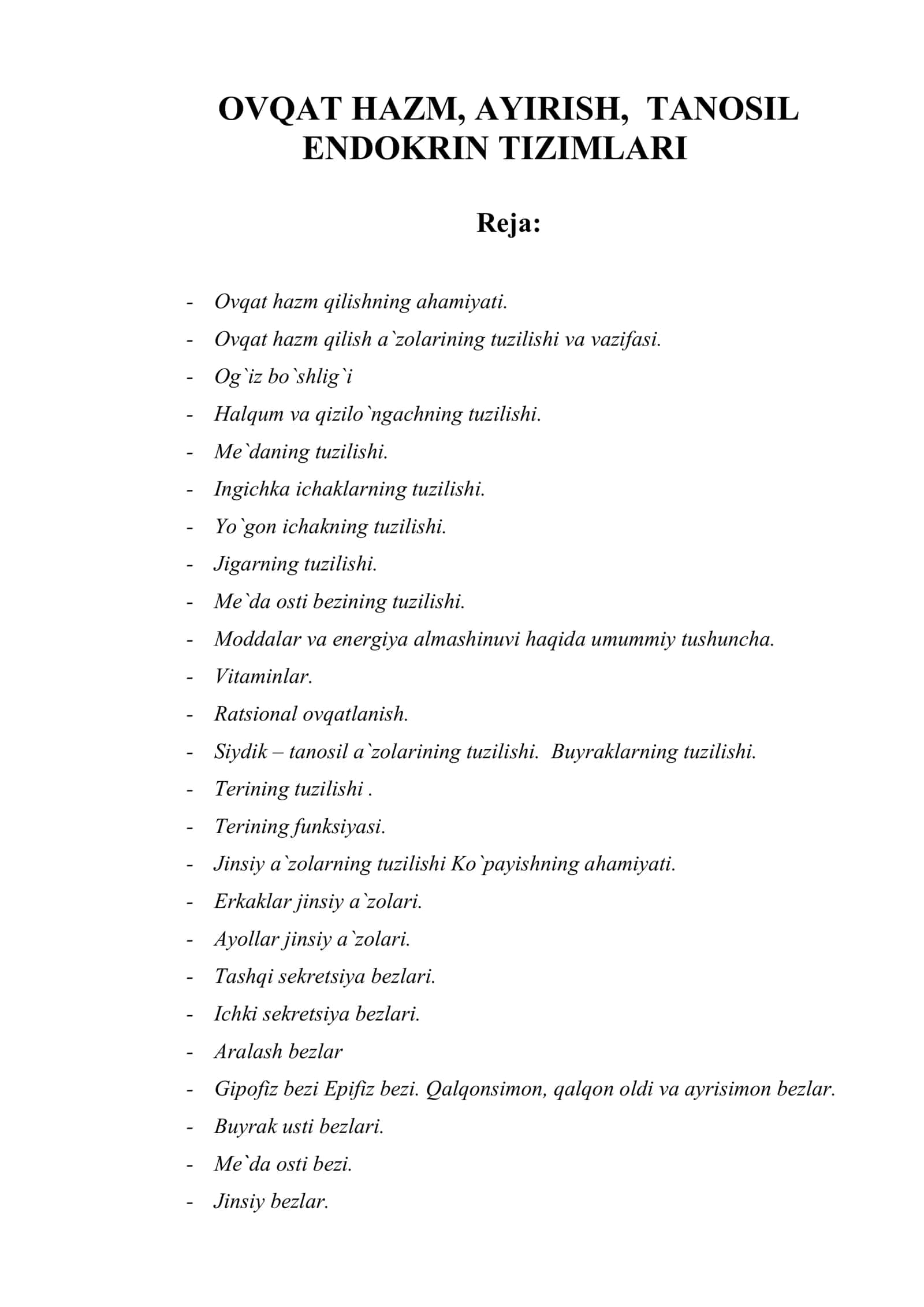 OVQAT HAZM, AYIRISH, TANOSIL ENDOKRIN TIZIMLARI