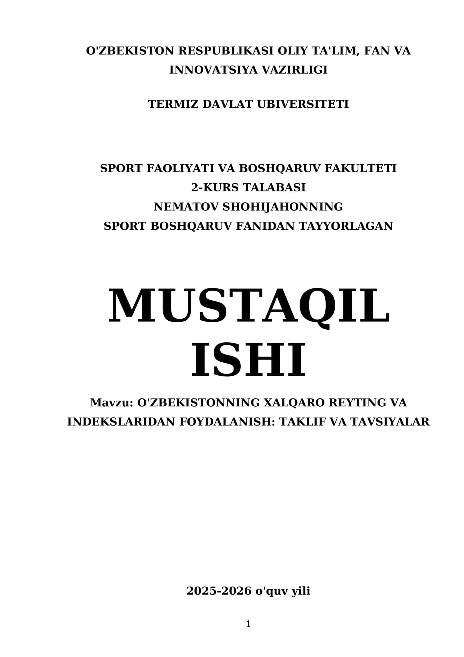 NEMATOV SHOHIJAHONNING SPORT BOSHQARUV FANIDAN TAYYORLAGAN MUSTAQIL ISHI