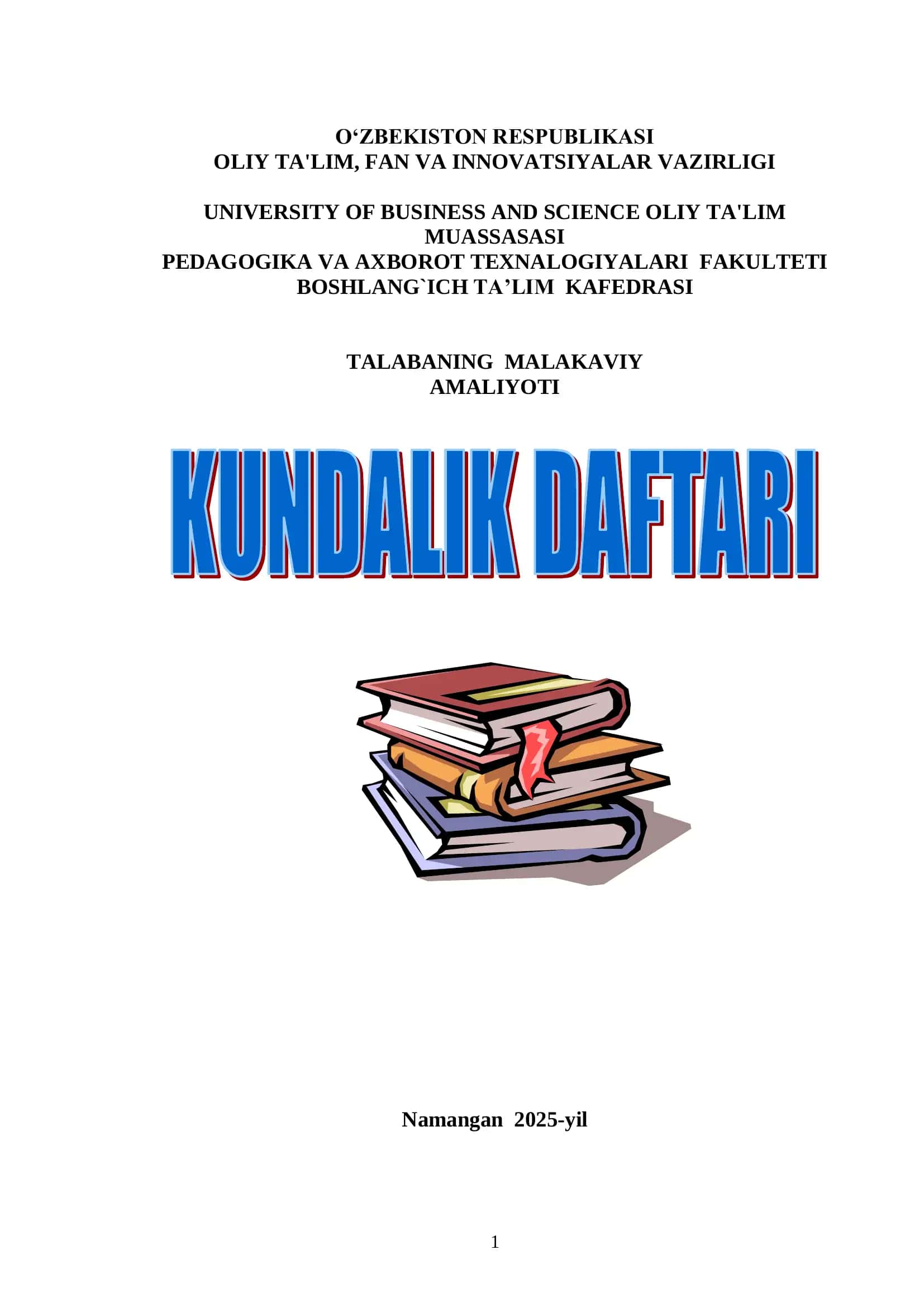 MALAKAVIY AMALIYOT YUZASIDAN Kundalik daftari