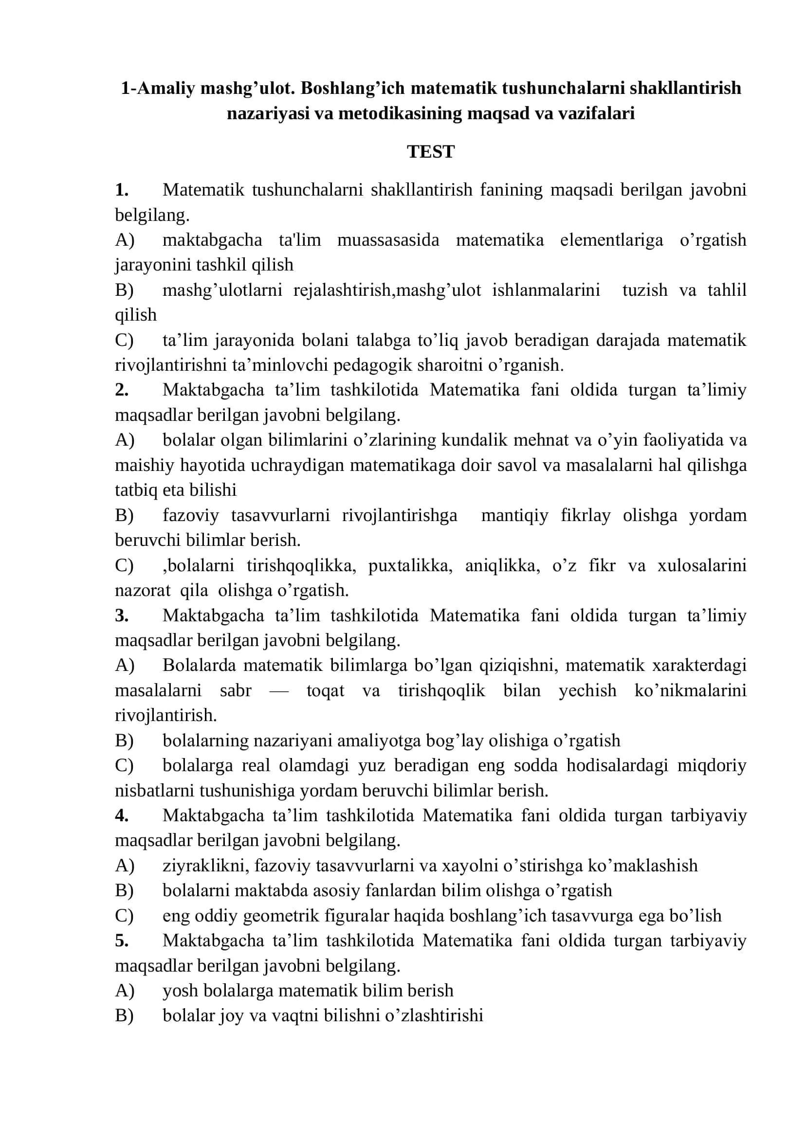 Amaliy mashg’ulot - Boshlang’ich matematik tushunchalarni shakllantirish nazariyasi va metodikasi