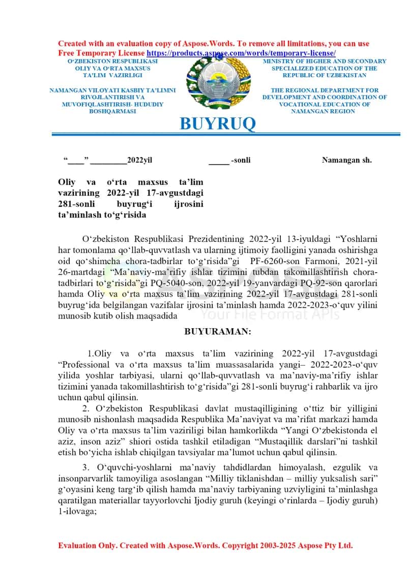Oliy va o‘rta maxsus ta’lim vazirining 2022-yil 17-avgustdagi 281-sonli buyrug‘i ijrosini ta’minlash bo‘yicha hujjat