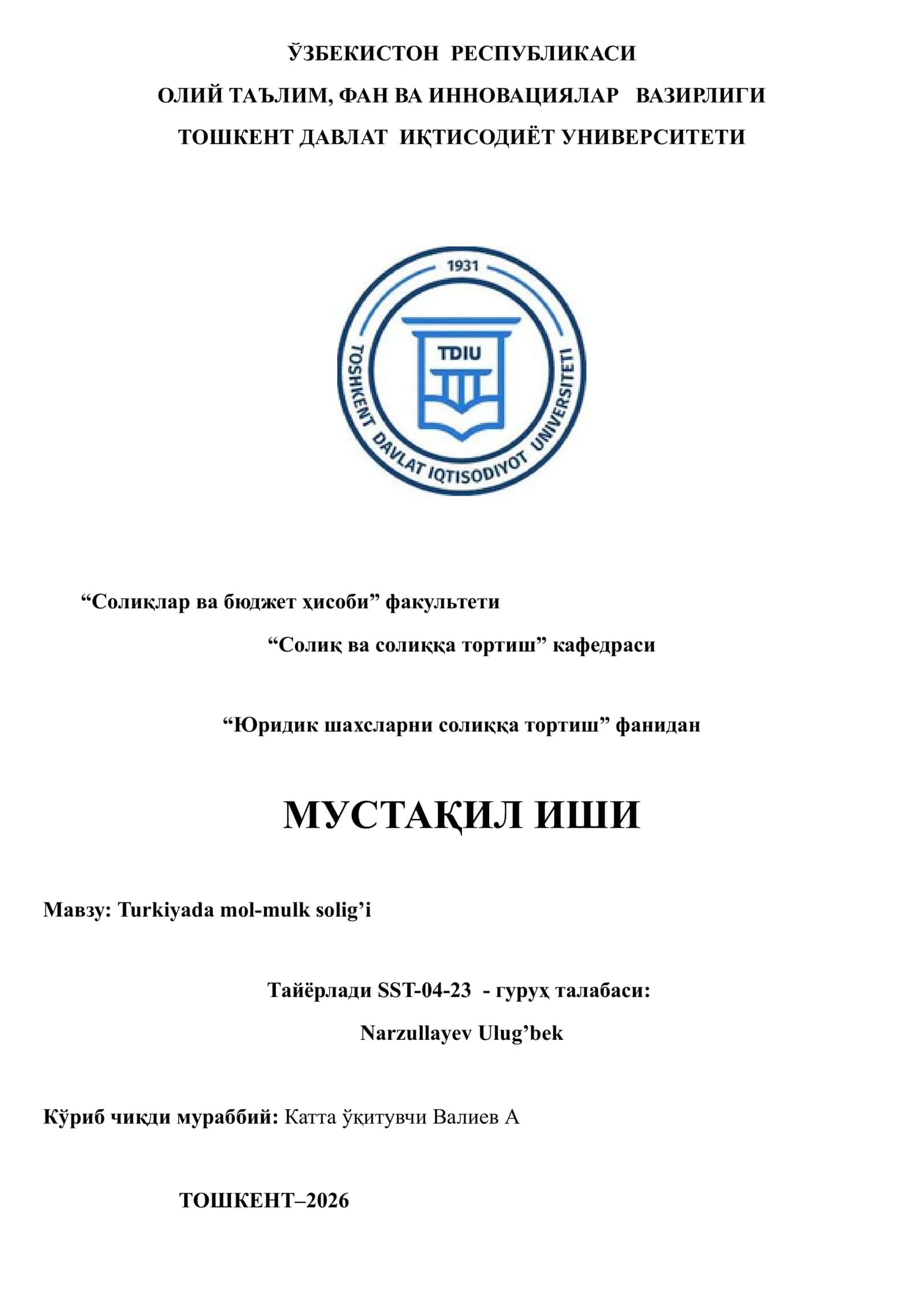Turkiyada mol-mulk solig’i