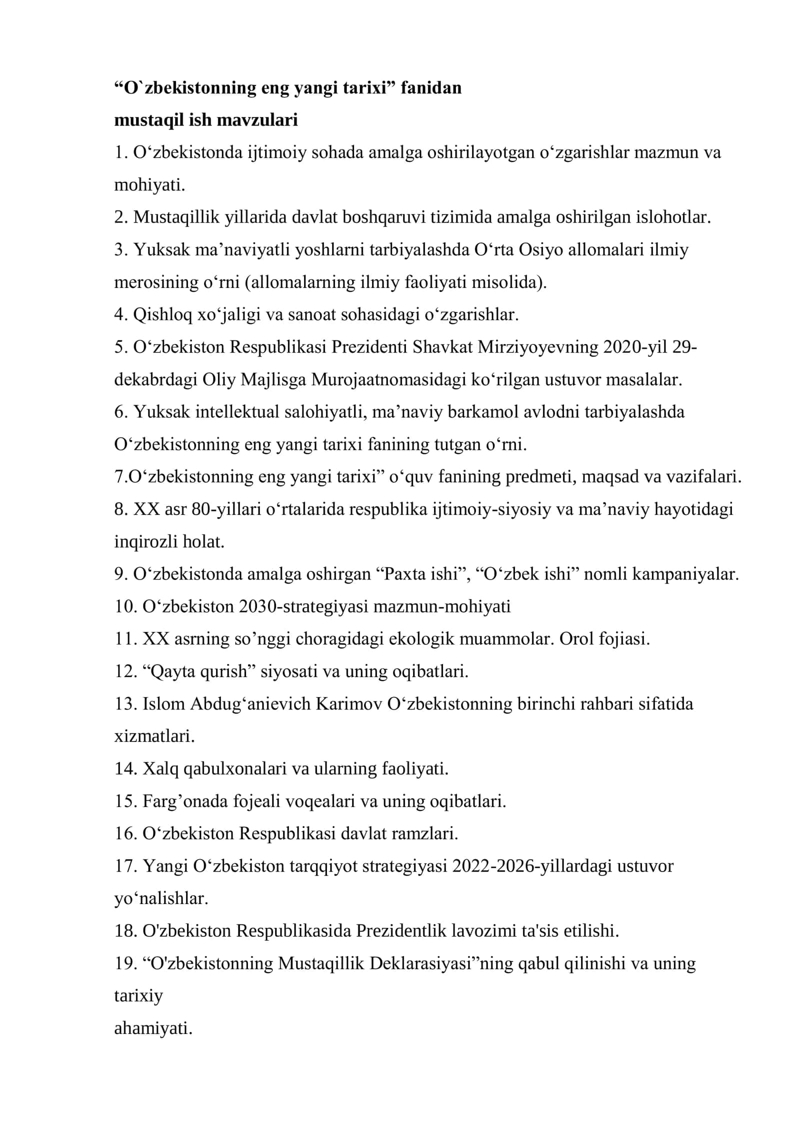 O‘zbekistonning eng yangi tarixi