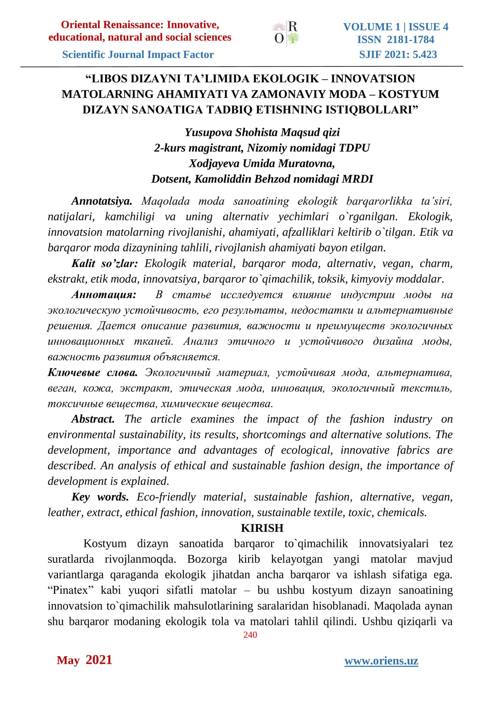 LIBOS DIZAYNI TA’LIMIDA EKOLOGIK – INNOVATSION