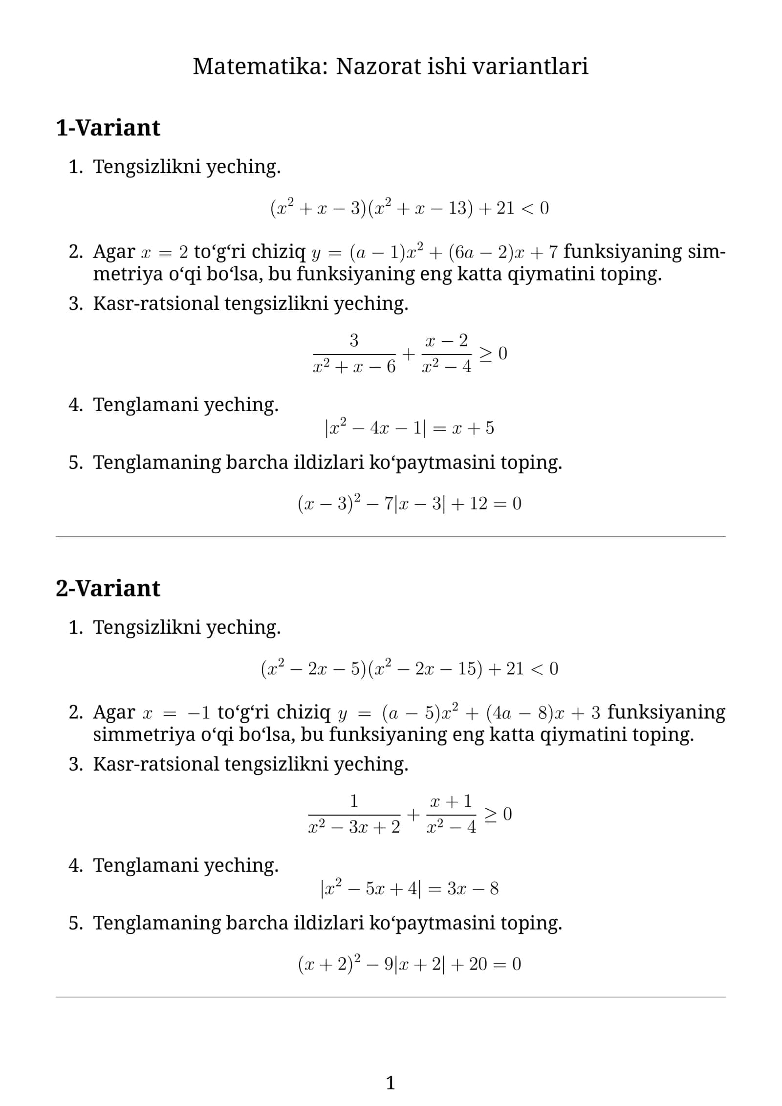 Matematika: Nazorat ishi variantlari