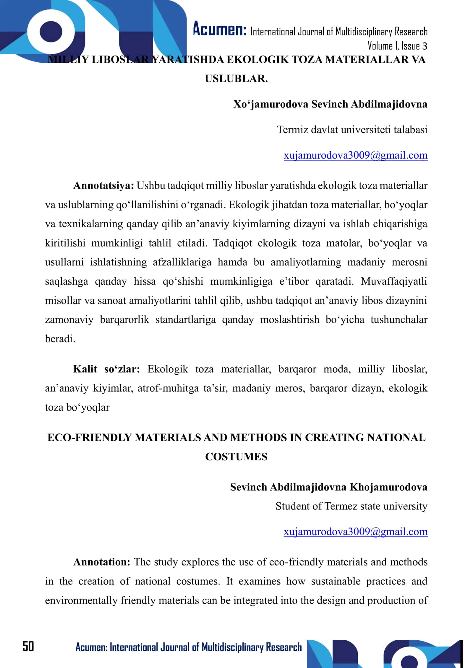 MILLIY LIBOSLAR YARATISHDA EKOLOGIK TOZA MATERIALLAR VA USLUBLAR