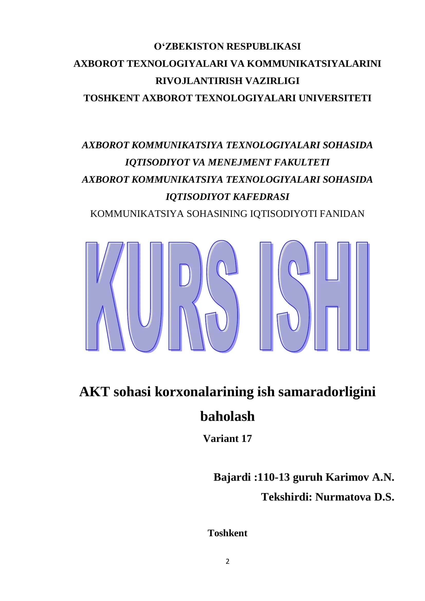 O‘ZBEKISTON RESPUBLIKASI AXBOROT TEXNOLOGIYALARI VA KOMMUNIKATSIYALARINI RIVOJLANTIRISH VAZIRLIGI