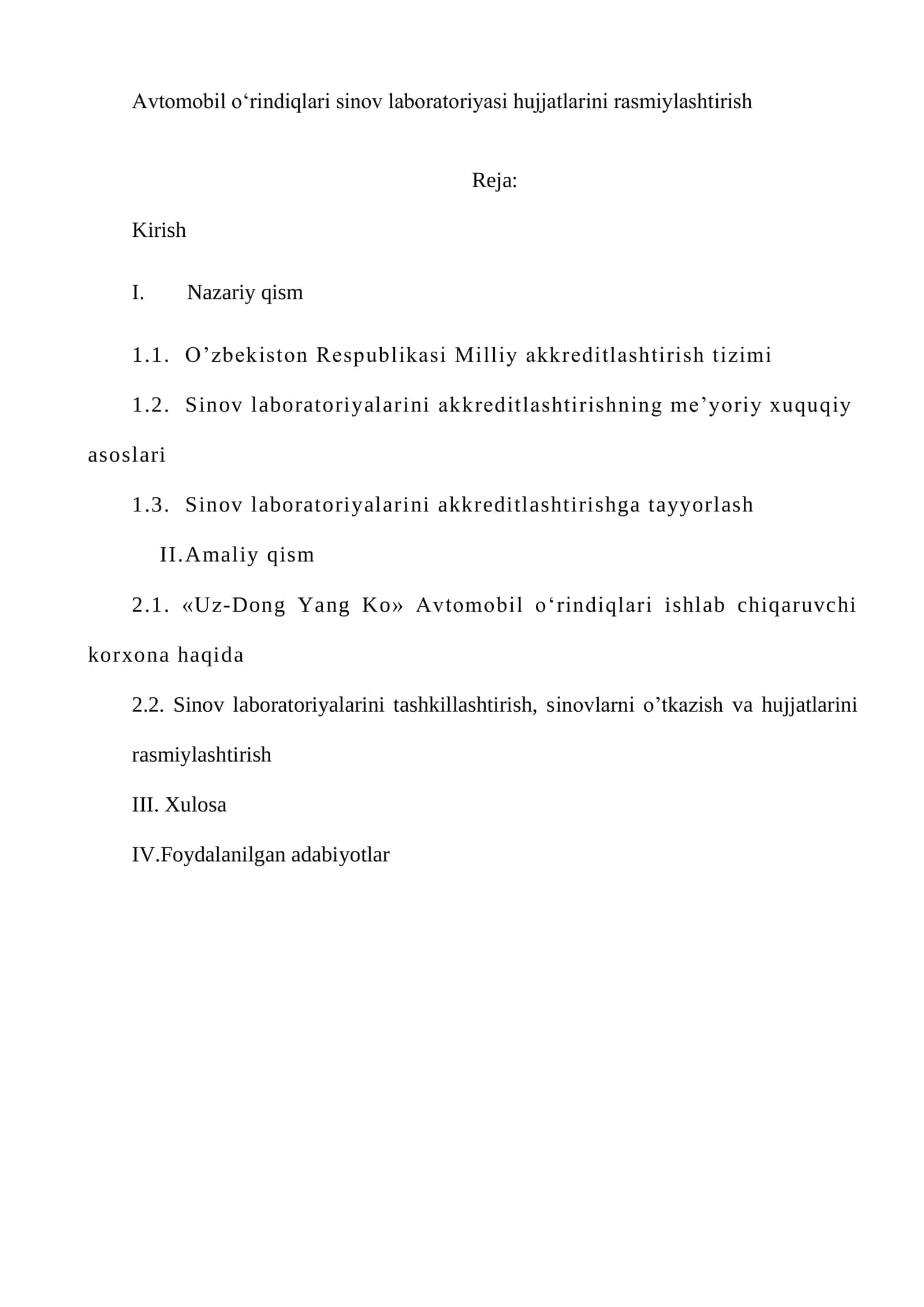 Avtomobil o‘rindiqlari sinov laboratoriyasi hujjatlarini rasmiylashtirish