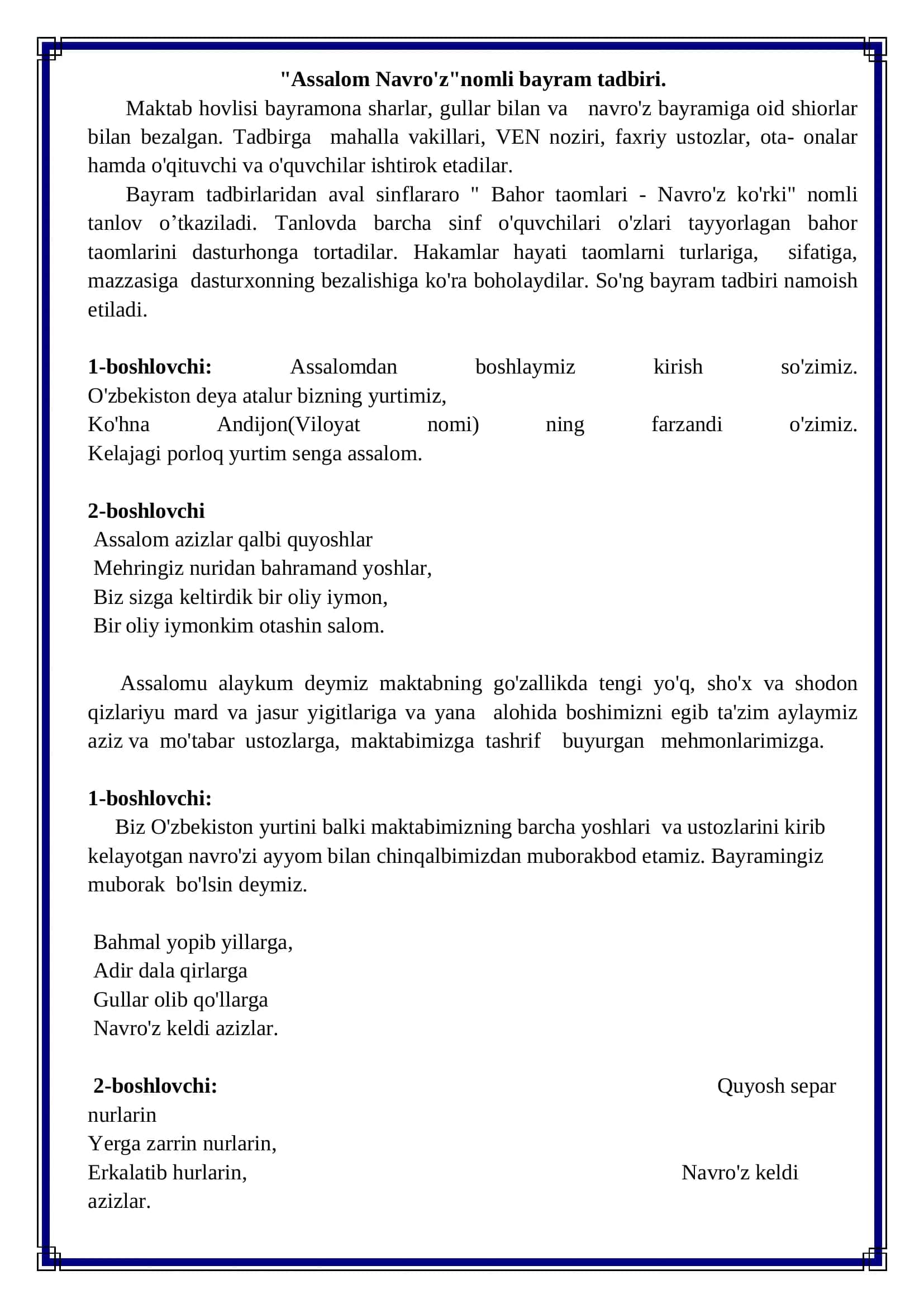 Navro'z bayram tadbiri senariylari. 5 xil bayram senariysi jamlangan fayl