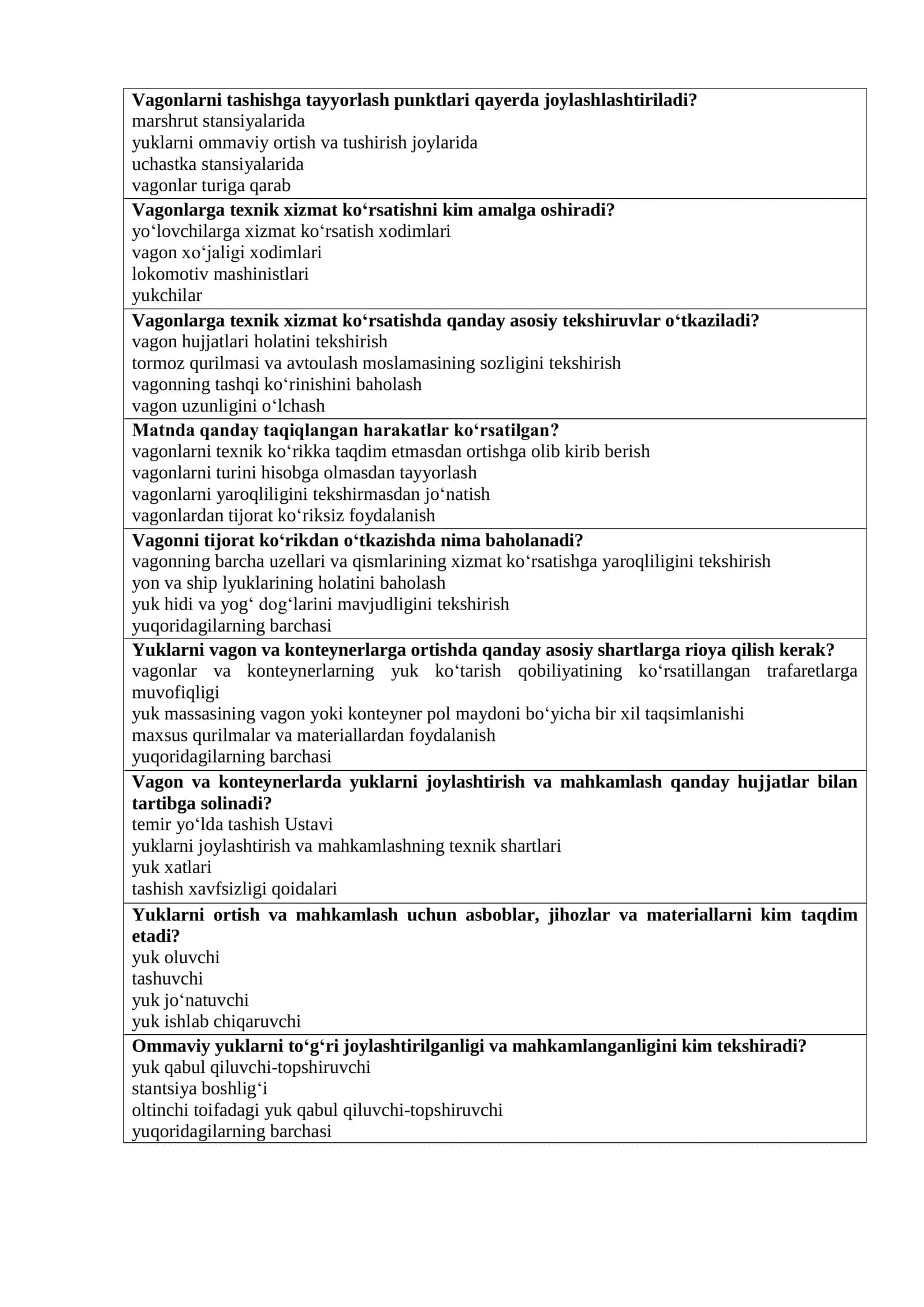 Vagonlarga texnik xizmat ko„rsatish