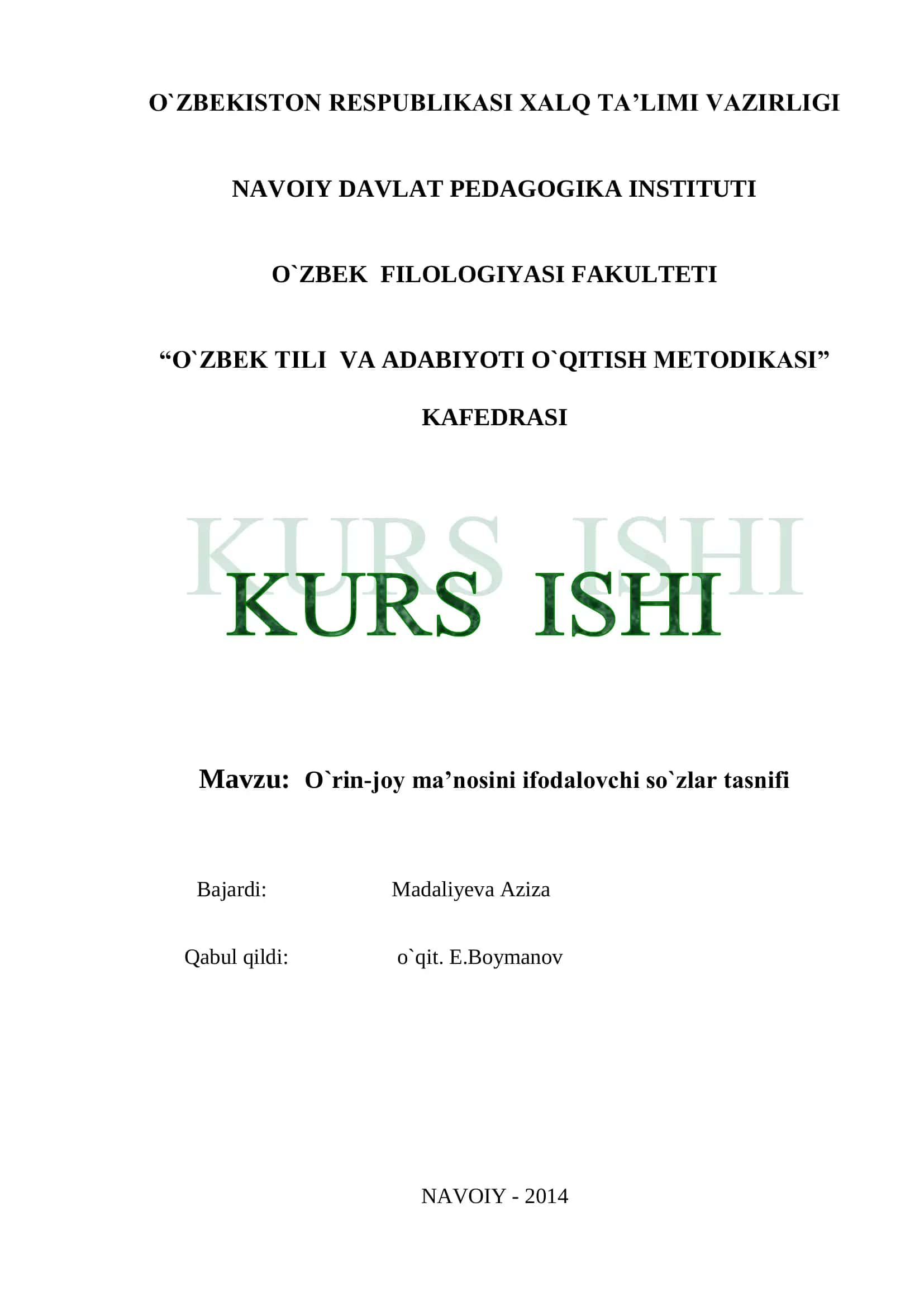 O`rin-joy ma’nosini ifodalovchi so`zlar tasnifi